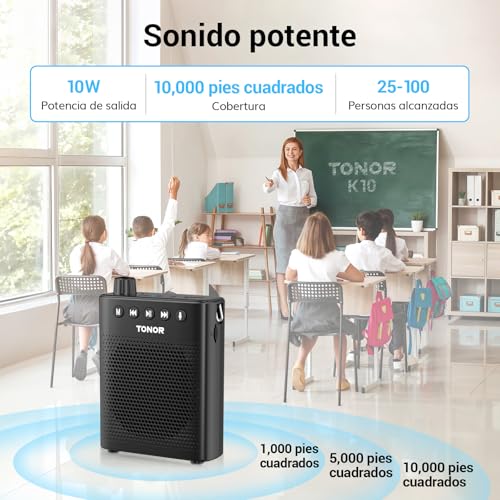 Detalle de TONOR K10: Amplificador de voz Bluetooth portátil 10W para docentes, guías y entrenadores