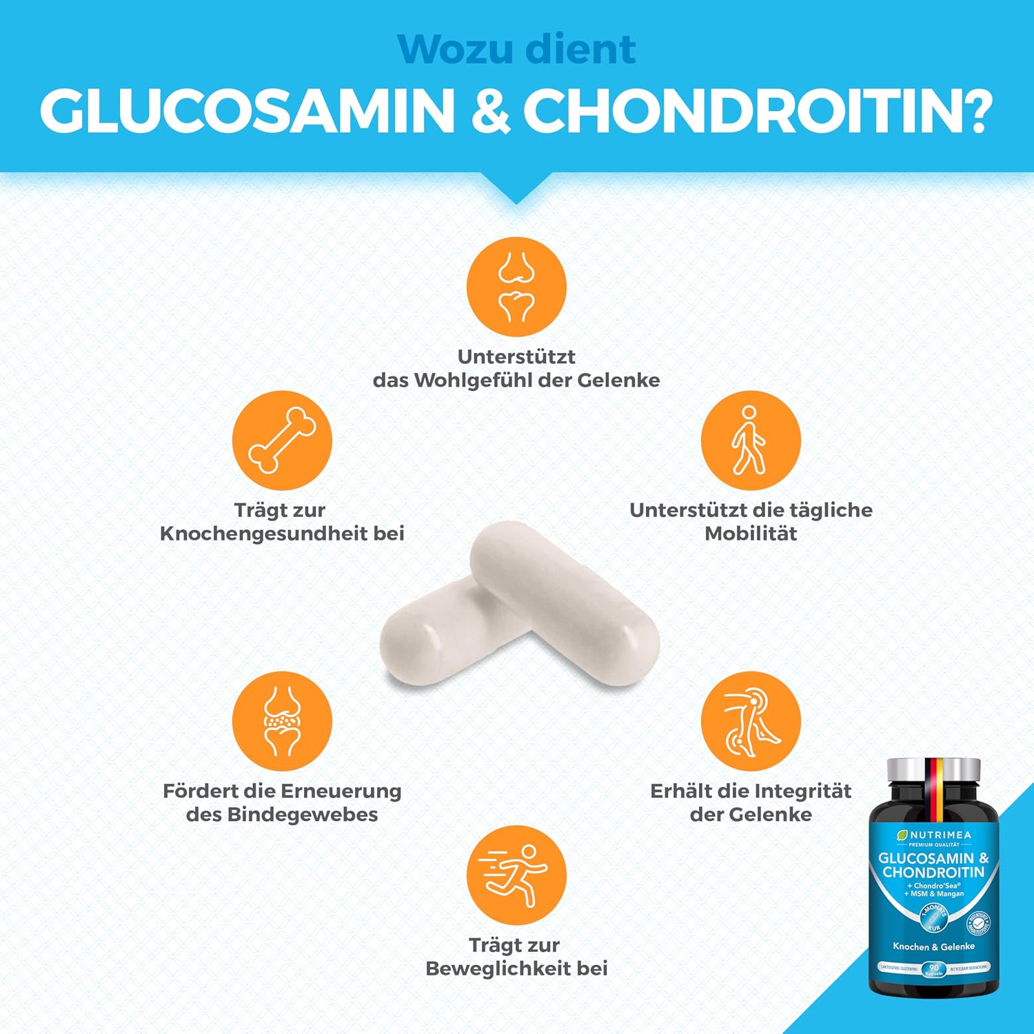 Detalle de Glucosamin & Chondroitin 4in1 Komplex mit MSM + Mangan – Gelenkkapseln für Knorpel und Bindegewebe