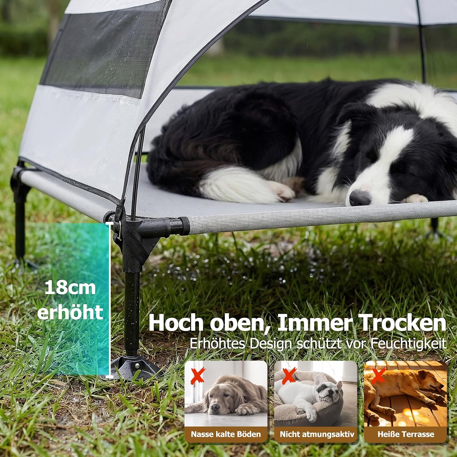 Thumbnail 3 de Erhöhtes Hundebett Outdoor mit UV-beständigem Dach – Klappbar, Anti‑Rutsch‑Füße, Hundezelt Grau (L)