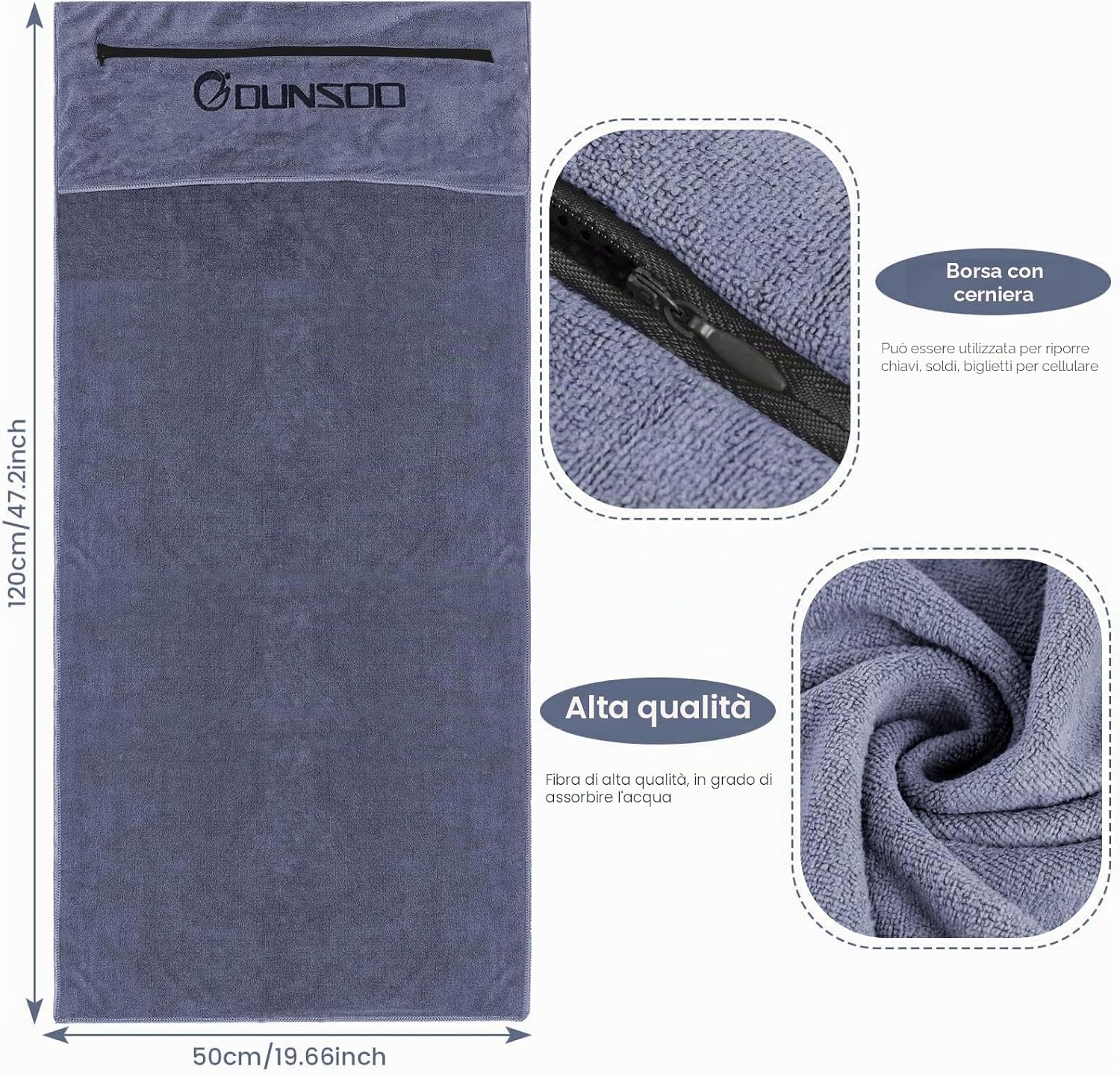 Detalle de Dunsoo Asciugamano Fitness I 120x50 cm: microfibra assorbente con tasca con zip per palestra