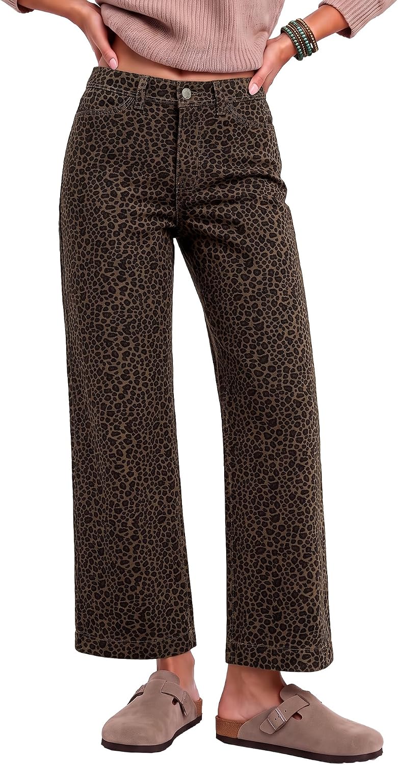 Detalle de luvamia LV-LJE-7875728V Wide-Leg Leopard Jeans, 28-Inch Stretch Denim