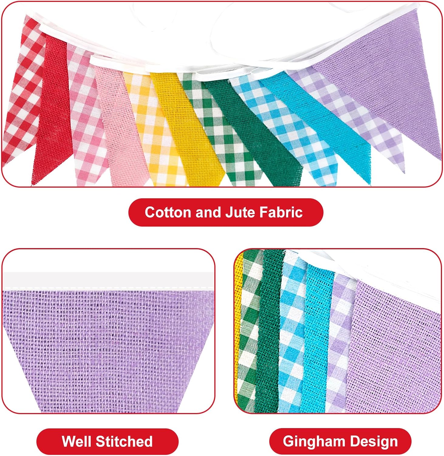 Detalle de G2PLUS Fabric Gingham Bunting Banner 10M Multicoloured – Reusable Vintage Triangle Flags