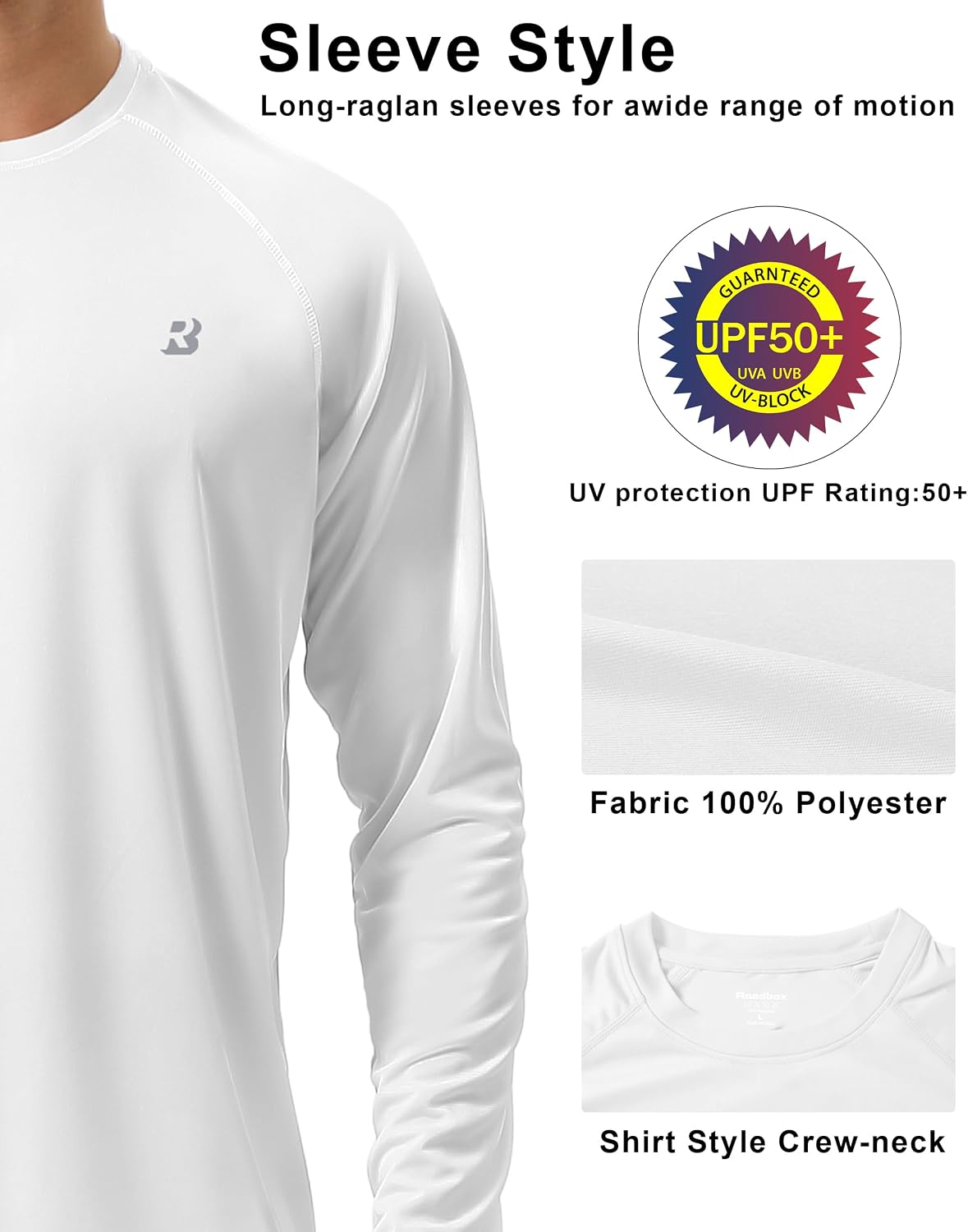 Detalle 2 de Roadbox Men's UPF 50+ Long-Sleeve Sun Shirt, Quick-Dry Rash Guard