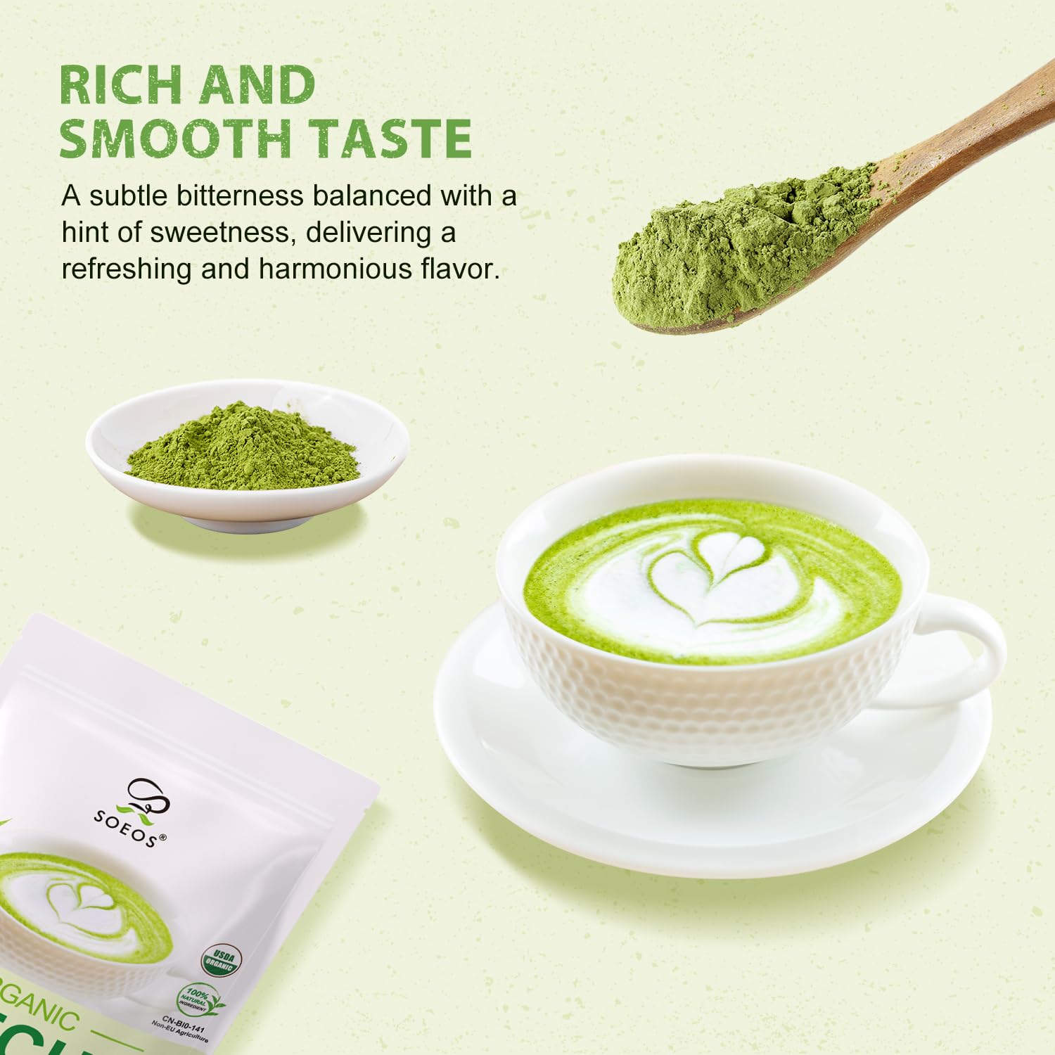 Detalle de Soeos Organic Matcha Powder, 2-Pack, 4 oz for Lattes, Smoothies & Baking