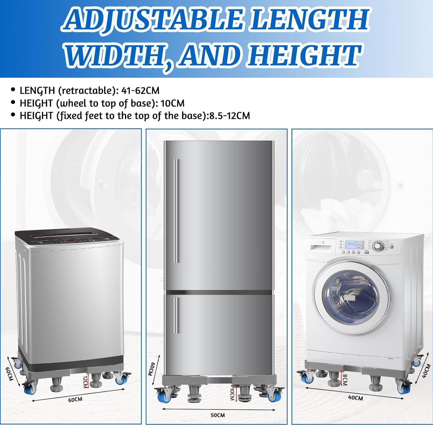 Thumbnail 4 de WUFANC Base per Lavatrice con 8 piedi + 4 ruote regolabili (42–66 cm), antiscivolo e antiurto