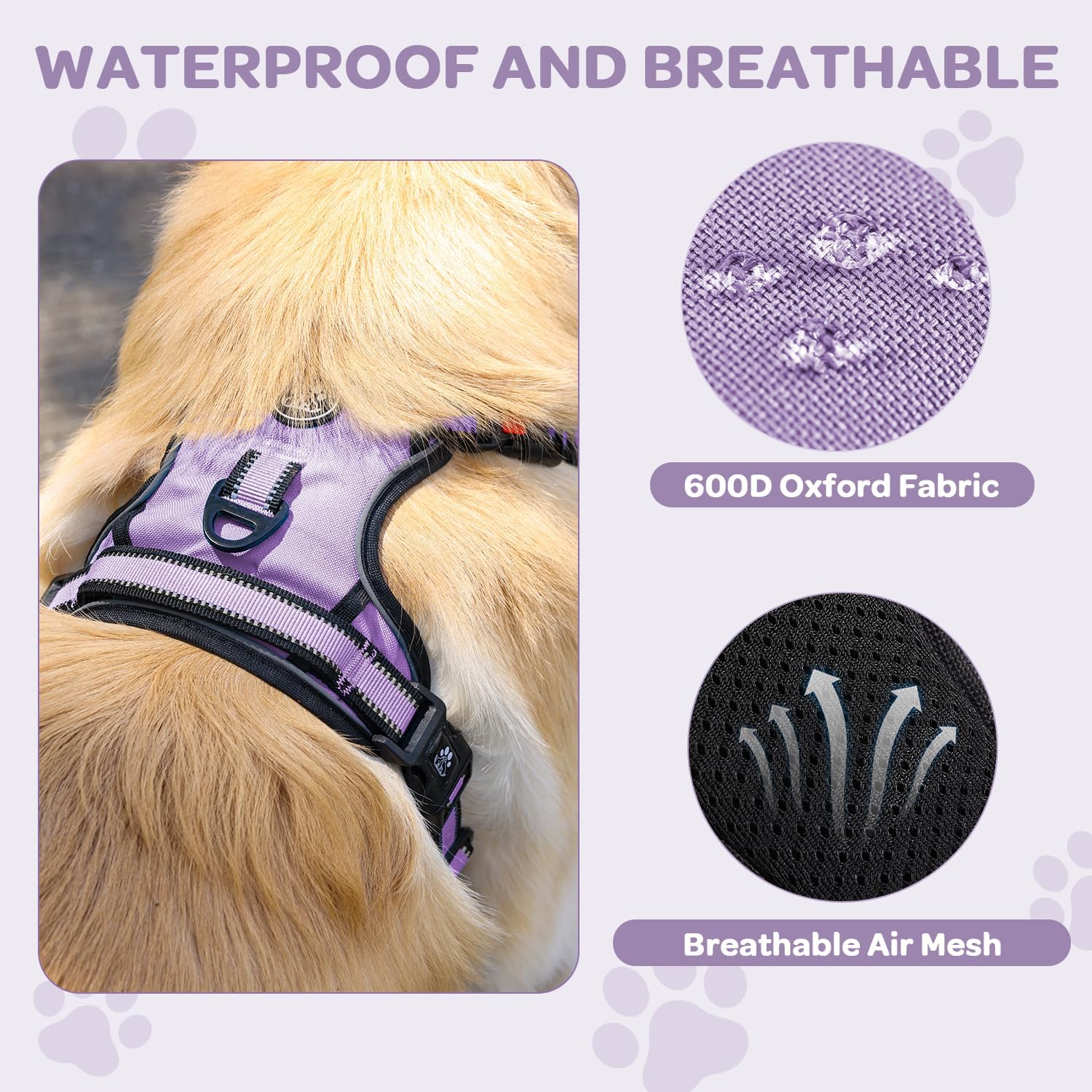 Detalle de FURRYFECTION Dog Harness – No Pull, Reflective Oxford with Padded Handle (Size L, Light Purple)