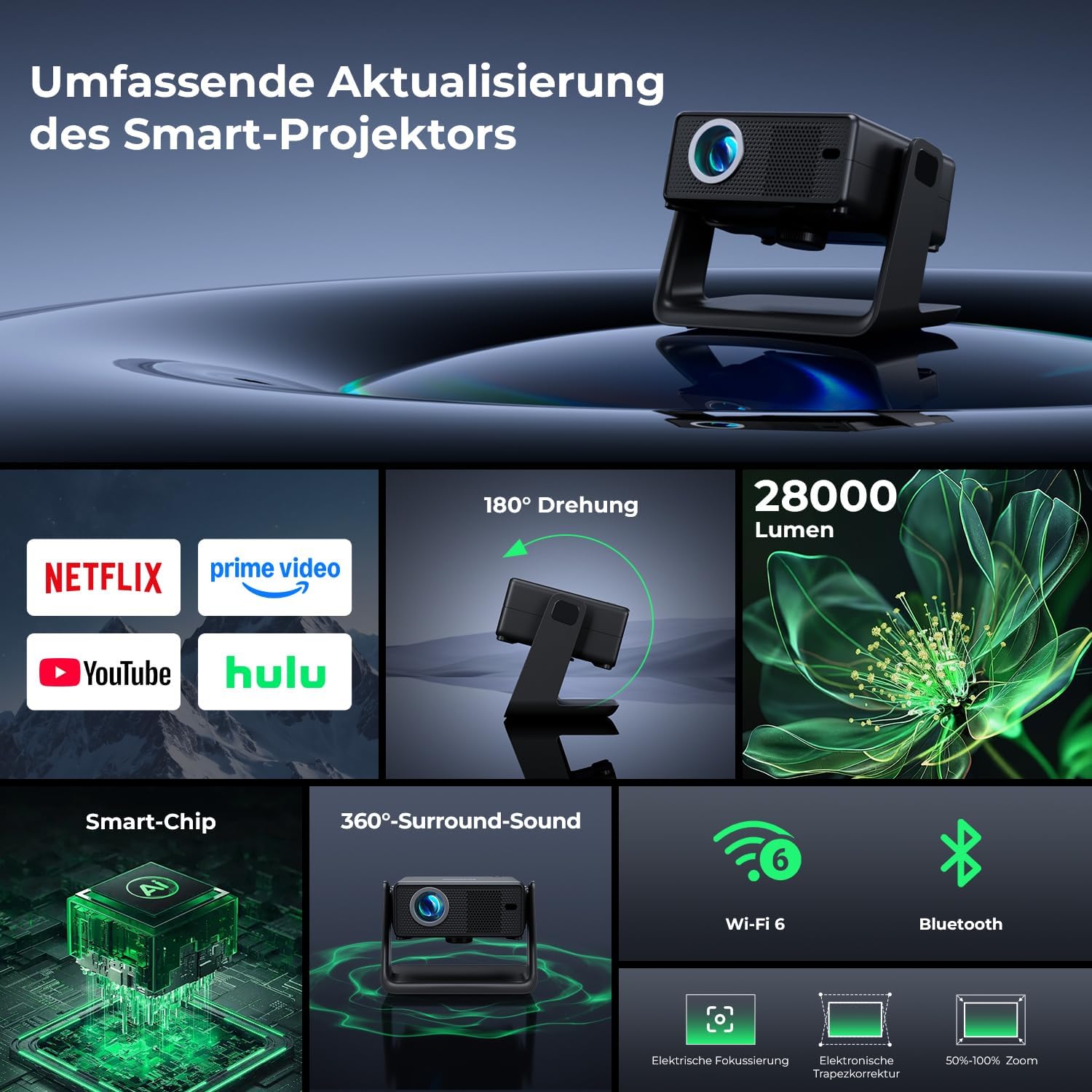 Thumbnail 2 de Beamer mit Netflix-Kompatibilität, 28000 Lumen – Mini 4K Beamer mit WLAN 6, Bluetooth, 4D Keystone und elektrischem Fokus