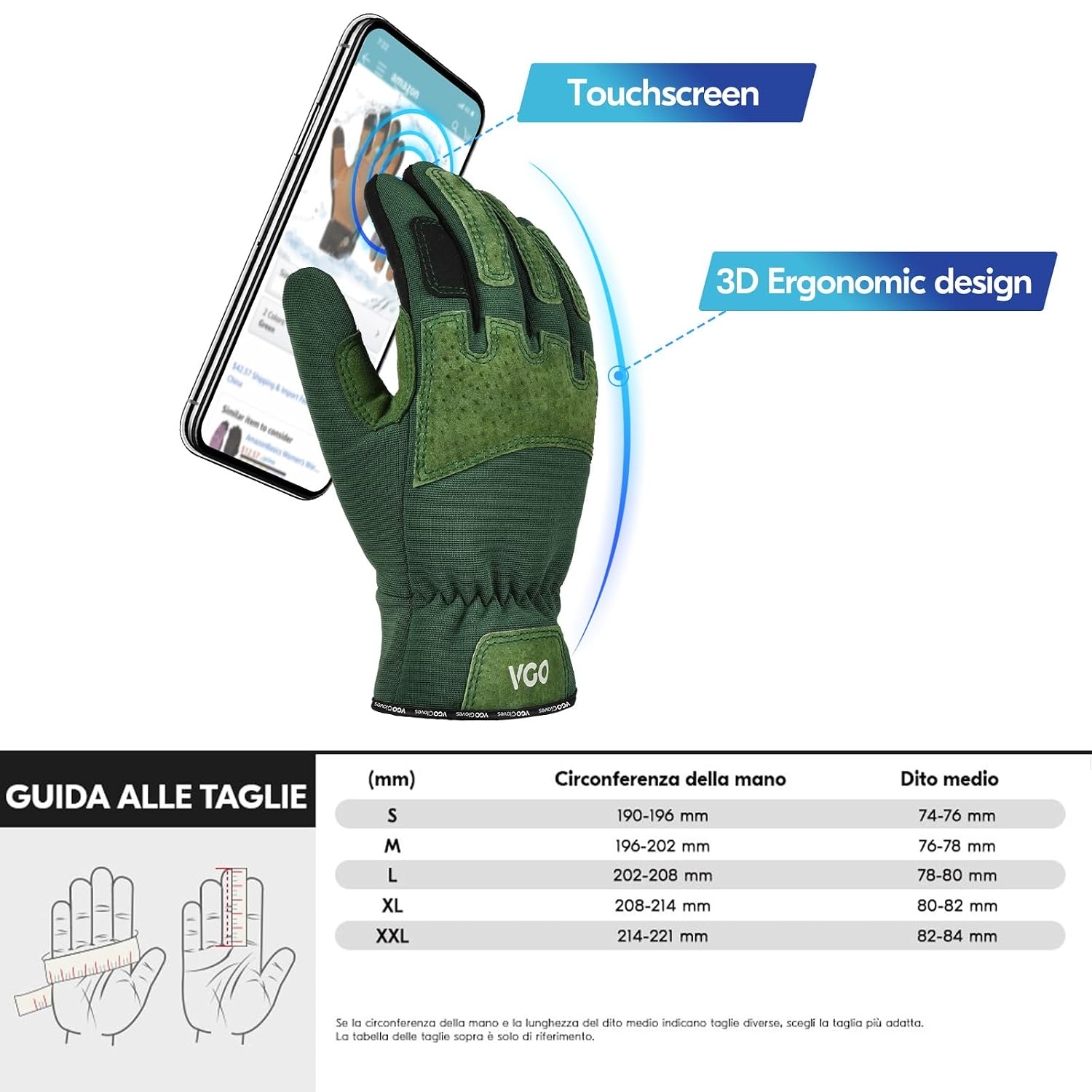Thumbnail 5 de Vgo... Guanti da giardinaggio donna antiperforazione antispina con touchscreen (L, verde) SL7471