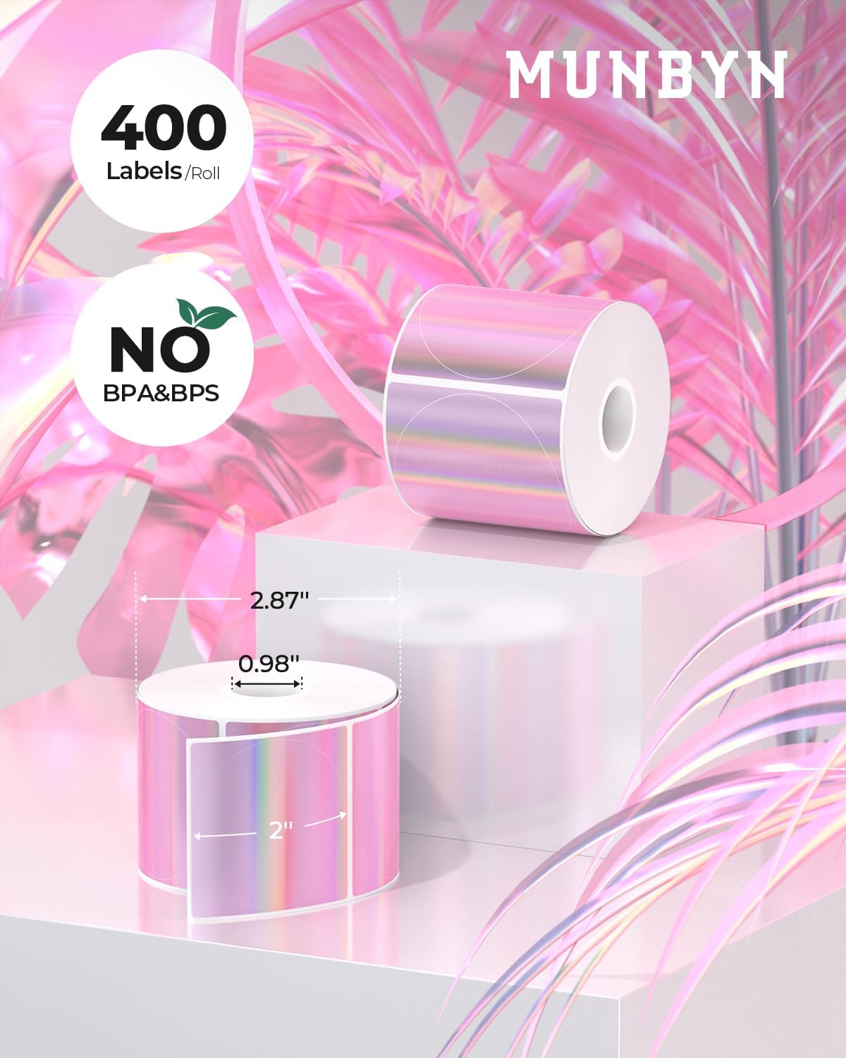 Detalle de MUNBYN 50mm x 50mm Holographic Purple thermal sticker labels (400 per roll) for QR codes, names and DIY labelling