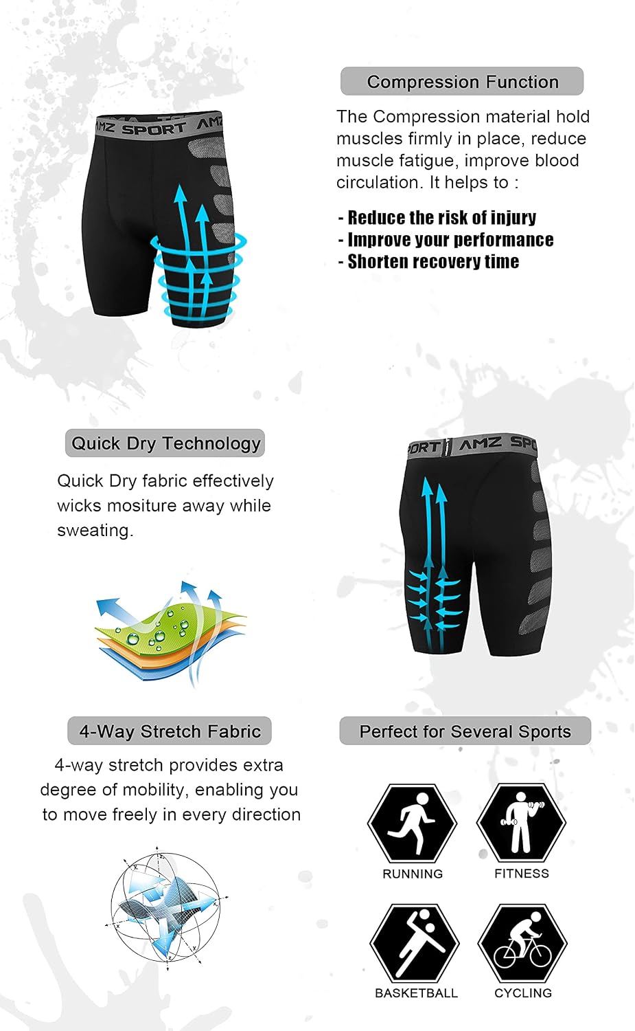 Detalle de AMZSPORT pantaloncini da compressione uomo 1/2/3 pezzi per palestra, running e allenamento