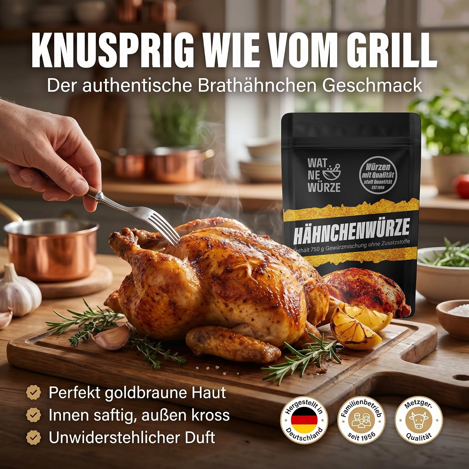 Detalle de WAT NE WÜRZE Chicken Rub Hähnchengewürz (750 g) – Gewürzsalz für Brathähnchen, Wings & mehr