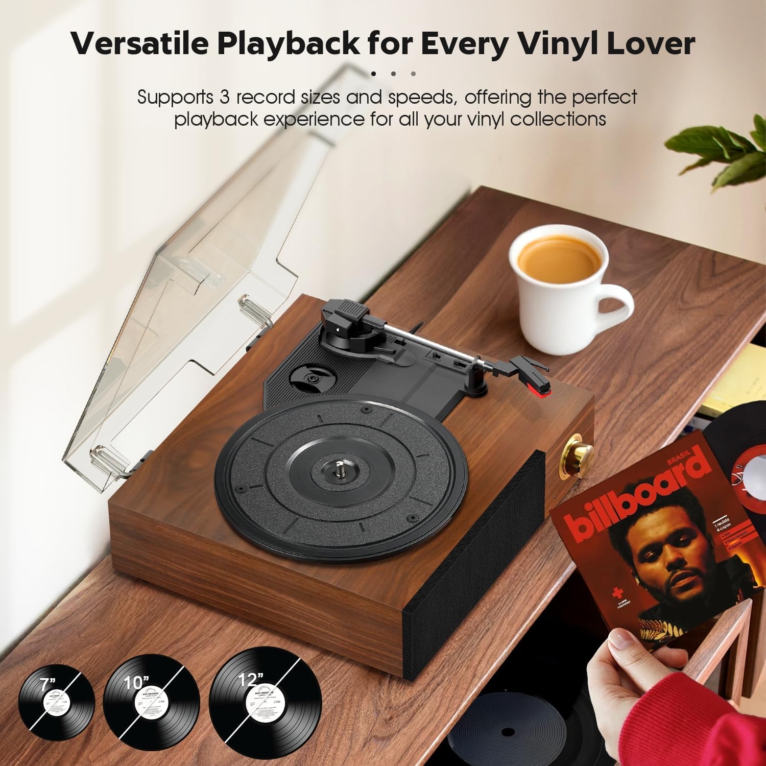 Thumbnail 3 de FYDEE Record Player with Built-in Speakers, Bluetooth and RCA Output (Red Walnut)