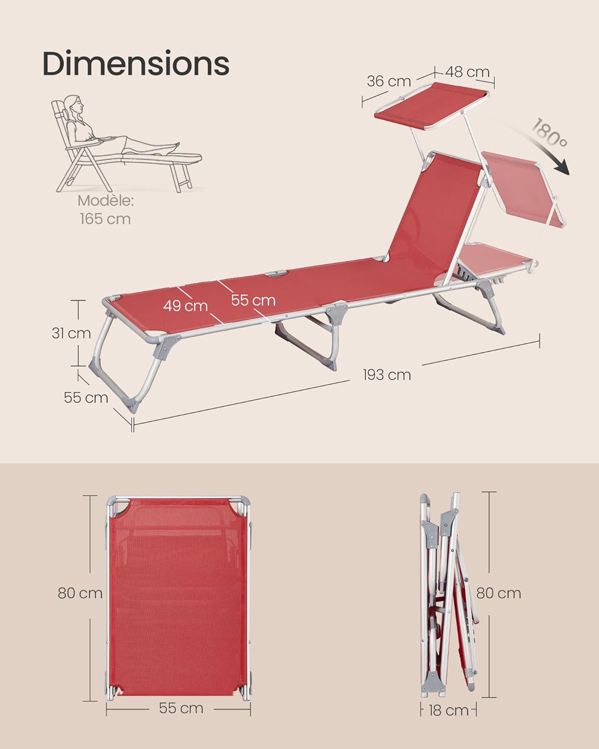 Detalle de SONGMICS Bain de Soleil pliable GCB19RD : transat rouge avec pare-soleil et dossier inclinable