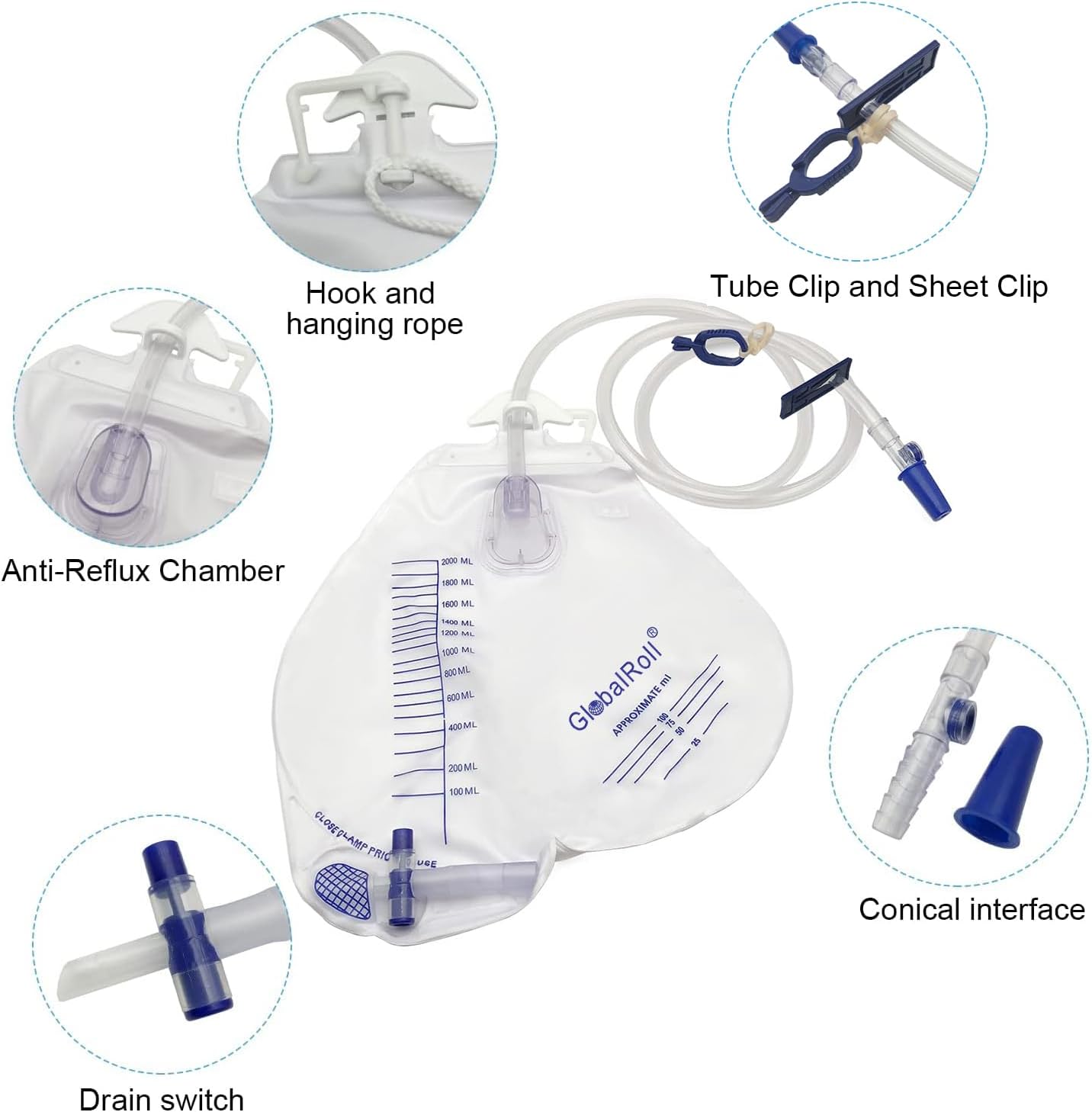 Thumbnail 2 de GlobalRoll Urinary Drainage Bag with Anti-Reflux Chamber (2000 mL, 48" Tube) – 10 Pack