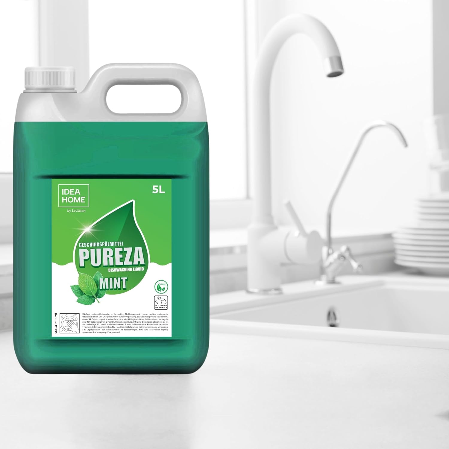 Detalle de IDEA HOME Liquide Vaisselle 5L PUREZA – Puissant dégraissant à la menthe, vegan et doux pour les mains