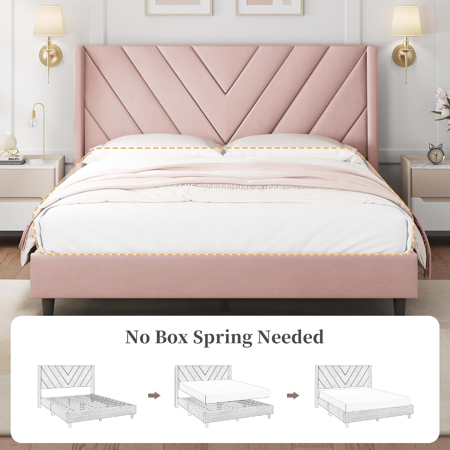 Thumbnail 6 de Yaheetech YT-00142947 Queen Upholstered Platform Bed Frame, Pink Velvet