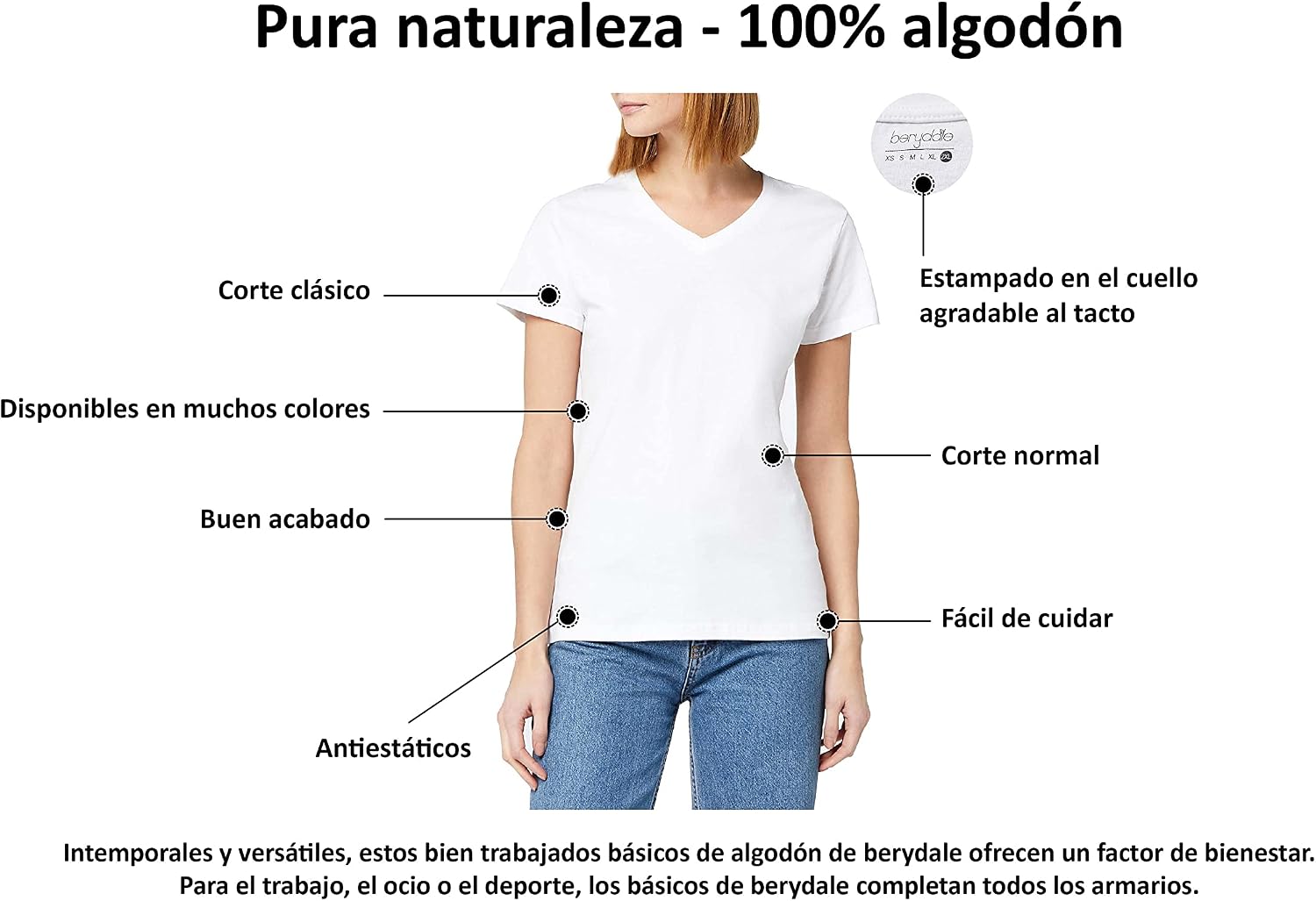 Thumbnail 5 de berydale Camisetas Mujer cuello en V 100% Algodón