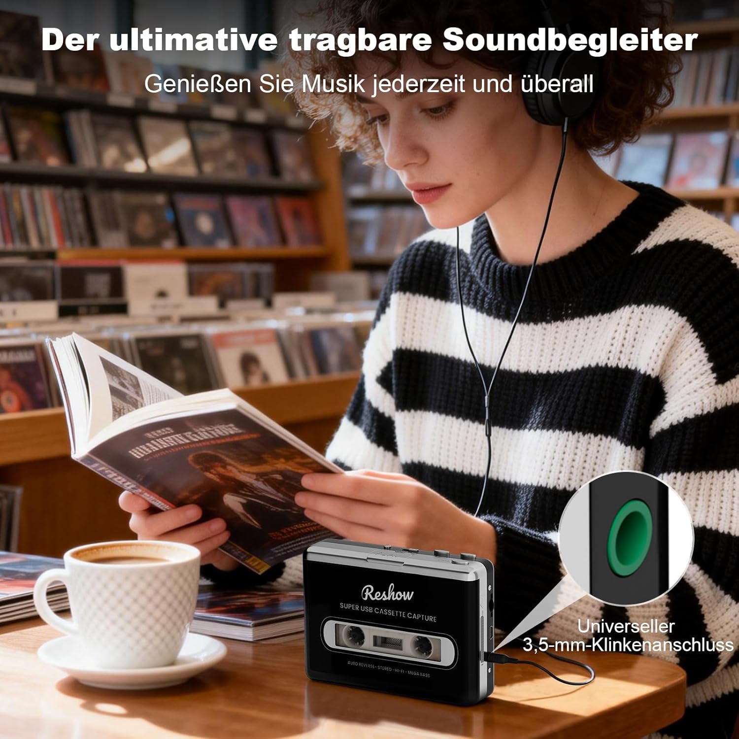 Detalle de Reshow tragbarer Kassettenspieler: Kassetten digitalisieren, MP3 aufnehmen und mobil genießen