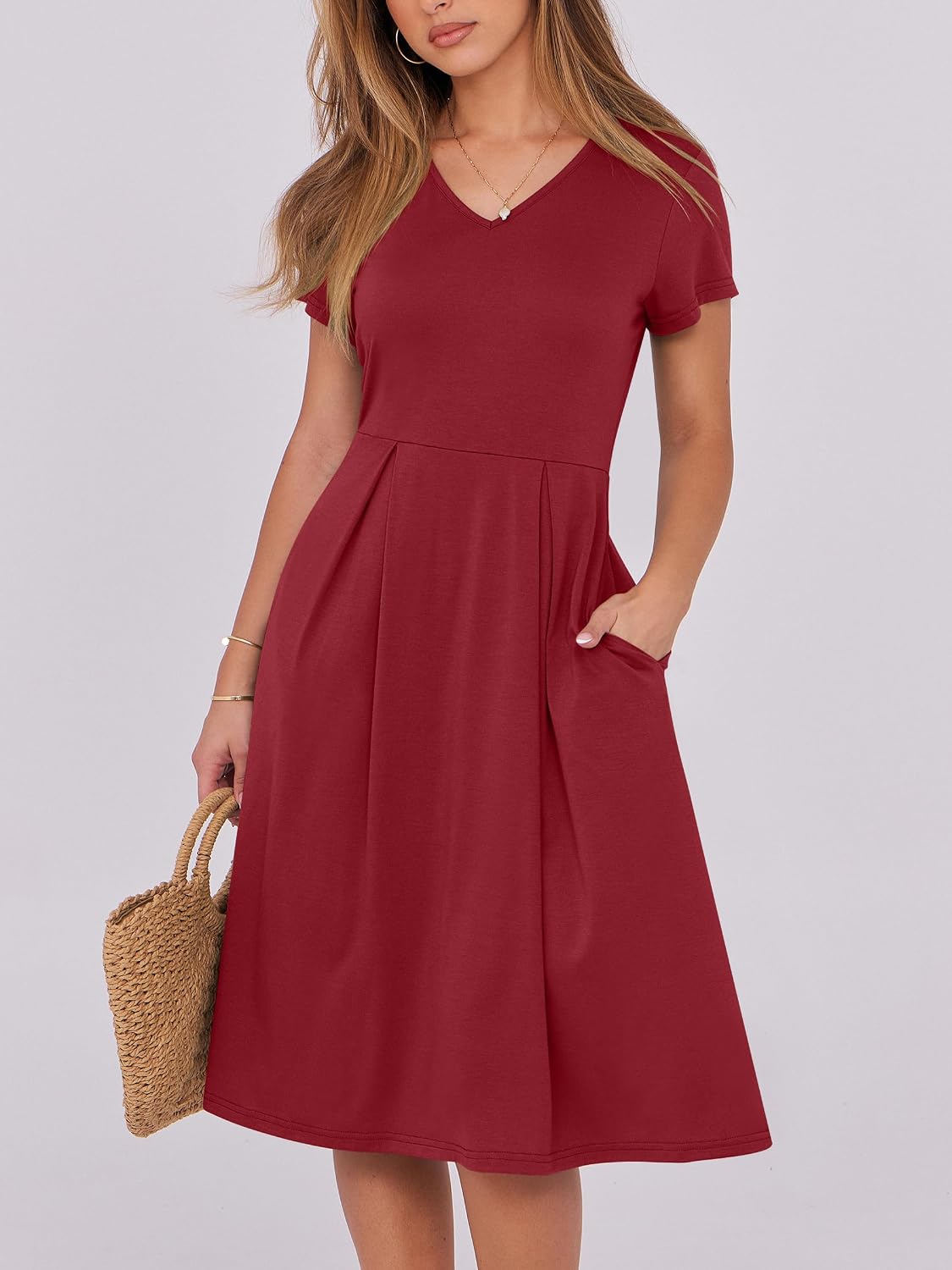 Detalle de ANRABESS Women Summer Dress: V-Neck A-Line Midi with Pocket