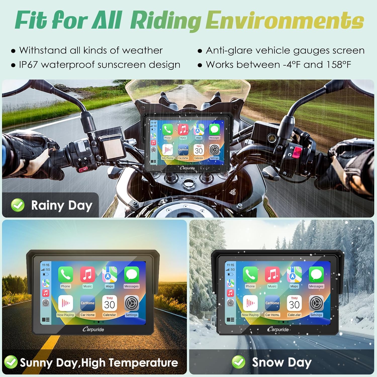 Detalle de Carpuride W502: 5" IP67 Waterproof CarPlay & Android Auto Portable Motorcycle Stereo