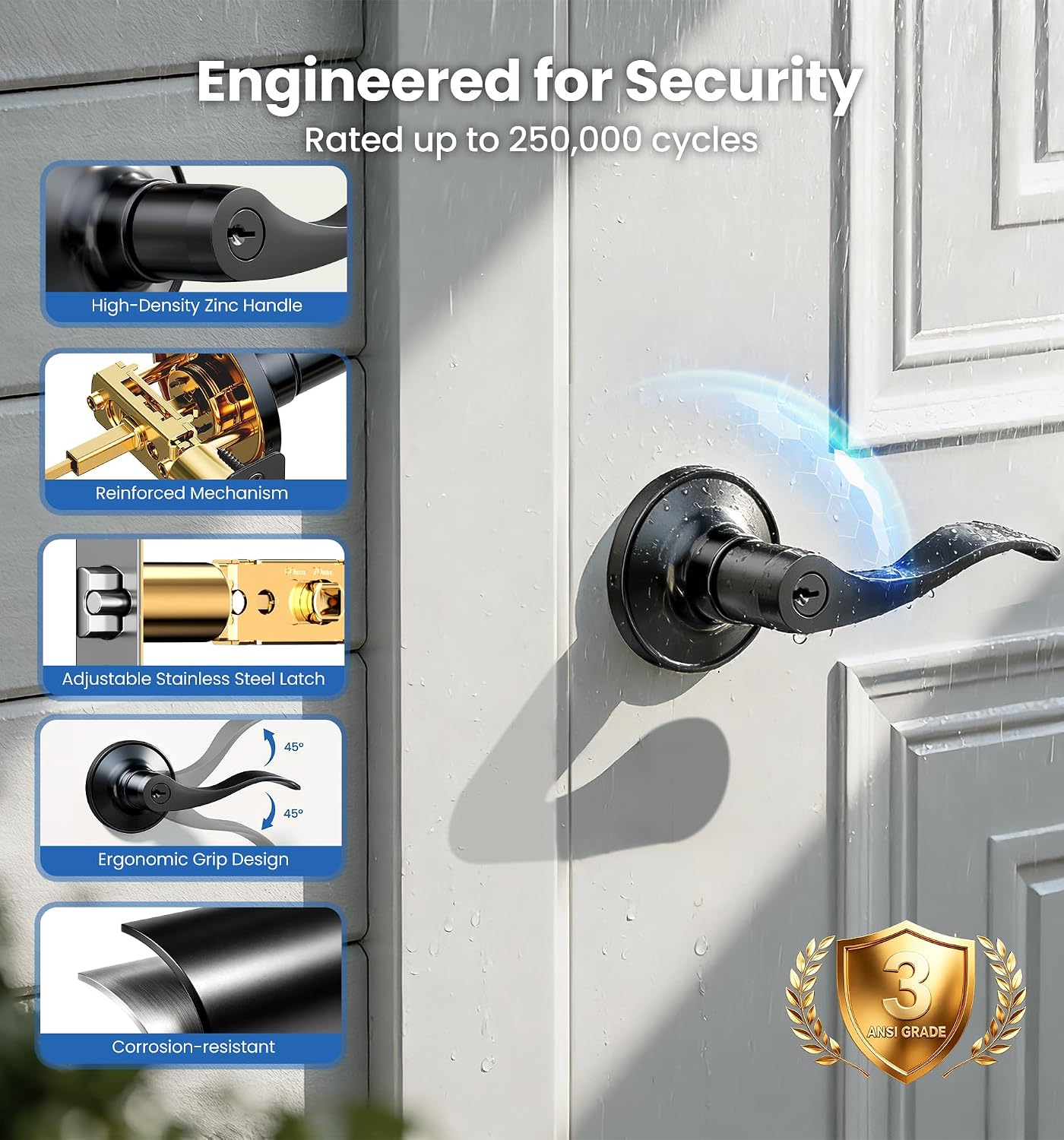 Detalle de Veise Keyed Entry Door Lever, Matte Black