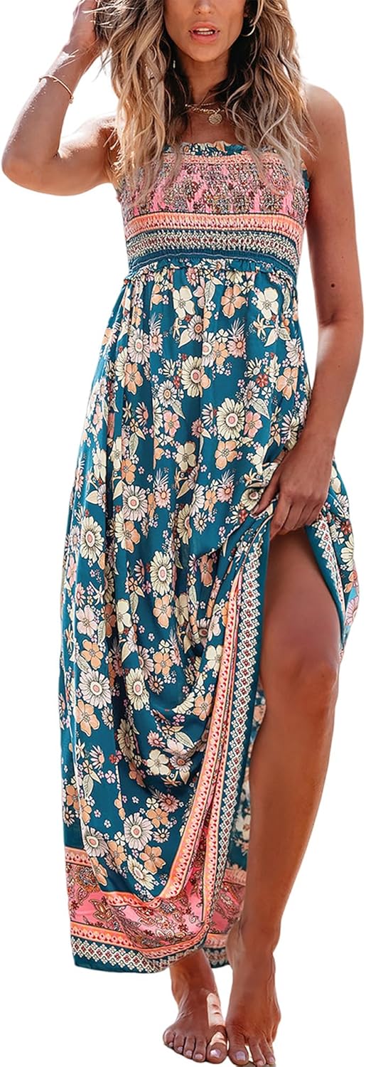 Thumbnail 6 de CUPSHE Maxi abito estivo floreale senza maniche con punto smock – stile boho elegante per spiaggia