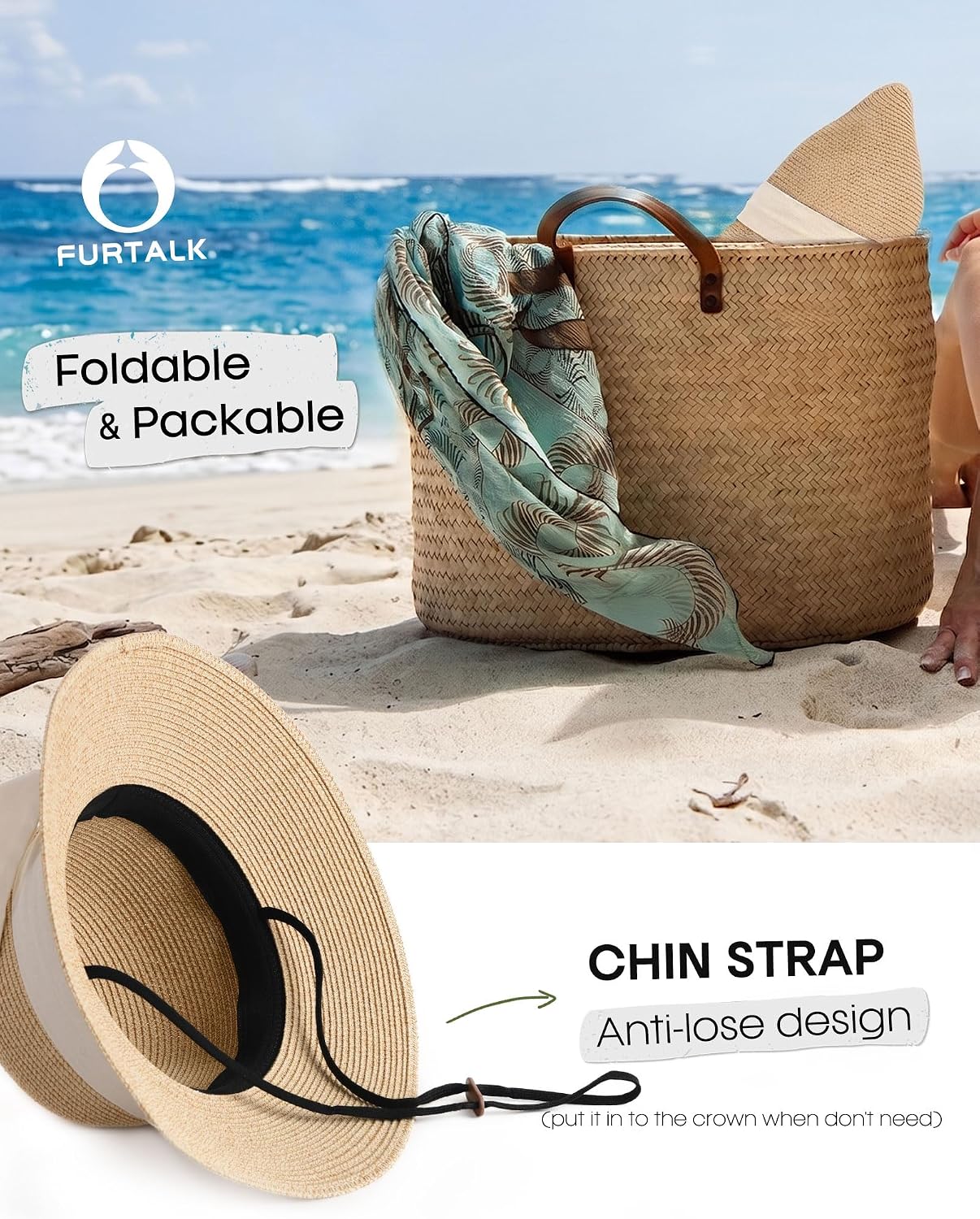 Detalle 2 de FURTALK Beach Sun Straw Hat UPF 80+