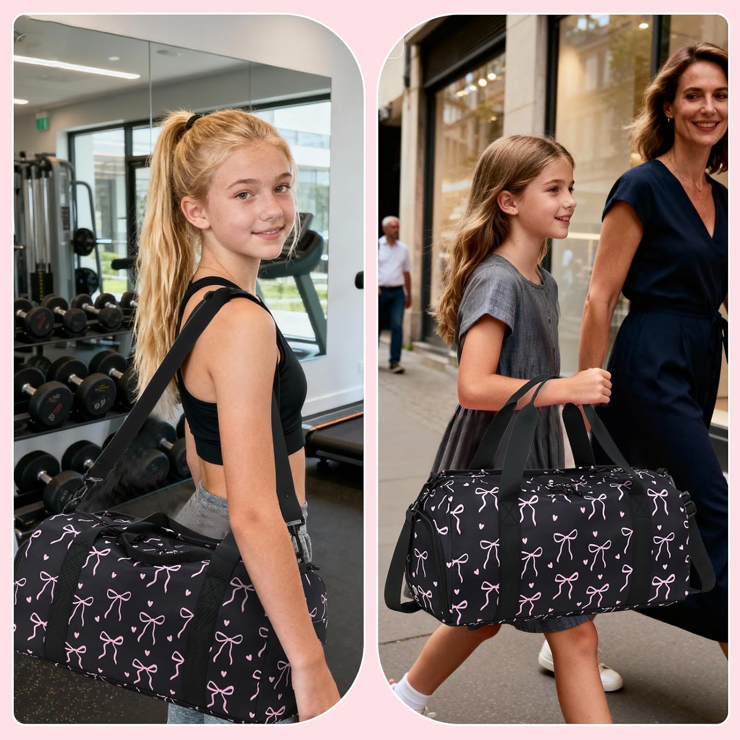 Detalle de LOIDOU Sporttasche Reisetasche mit großem Schuhfach & Nassfach – Schwarz/Rosa (Herz + Bogen)