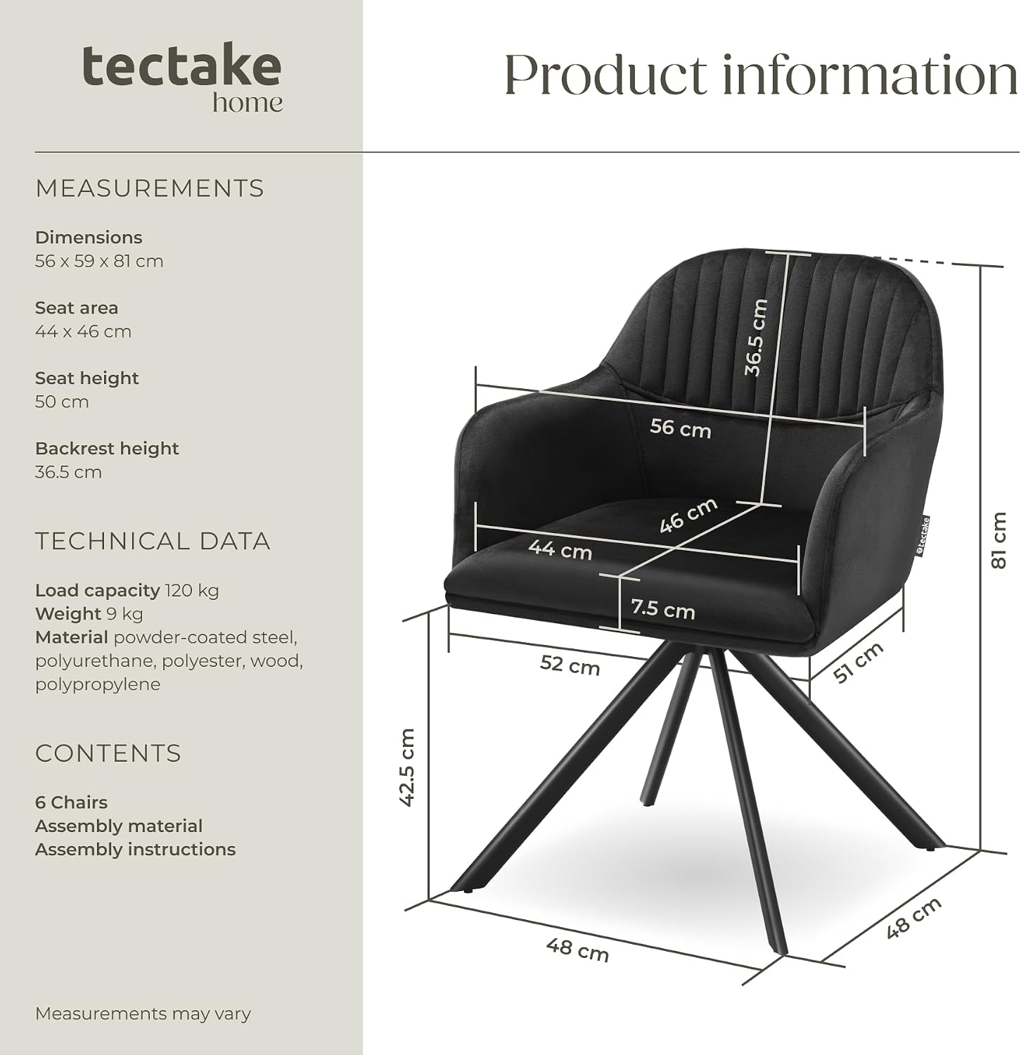 Detalle de tectake 405685 – 6 sammetsstolar med 360° snurrfunktion och stålben