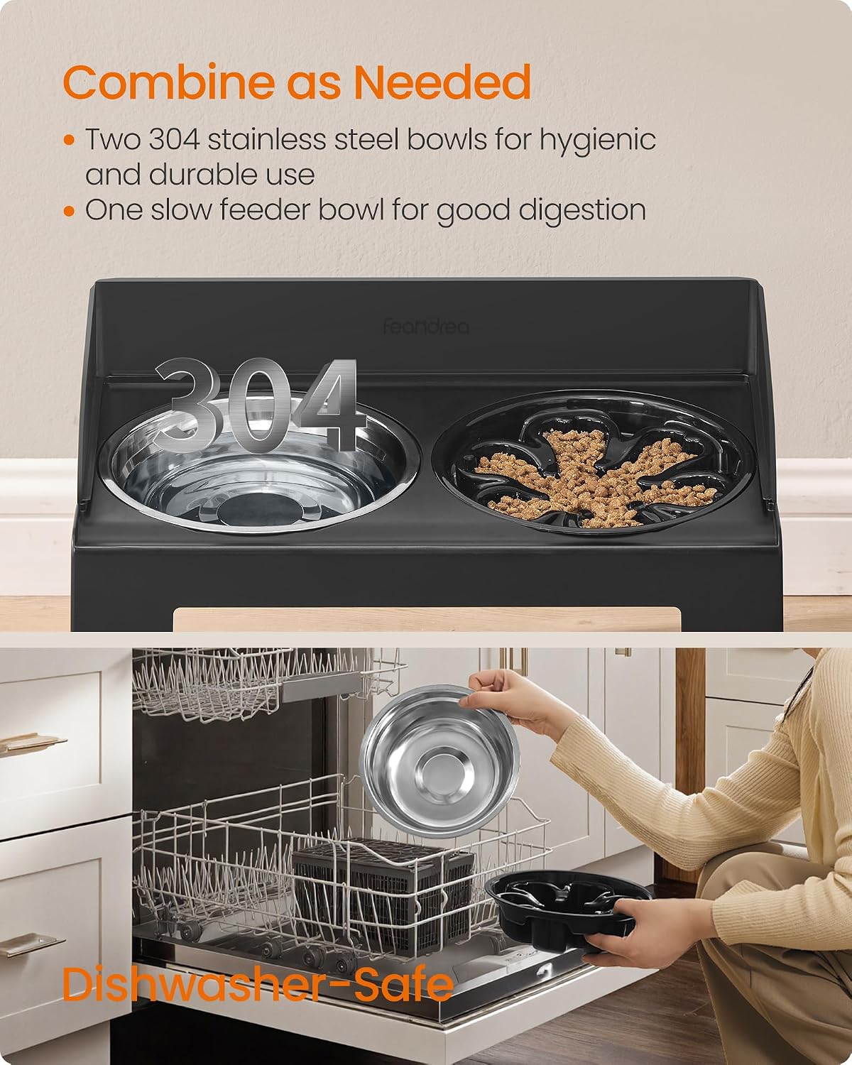 Detalle de Feandrea Raised Dog Bowls with Stand (PRB103B01) – Adjustable 6 Heights Slow Feeder with 304 Stainless Steel Bowls