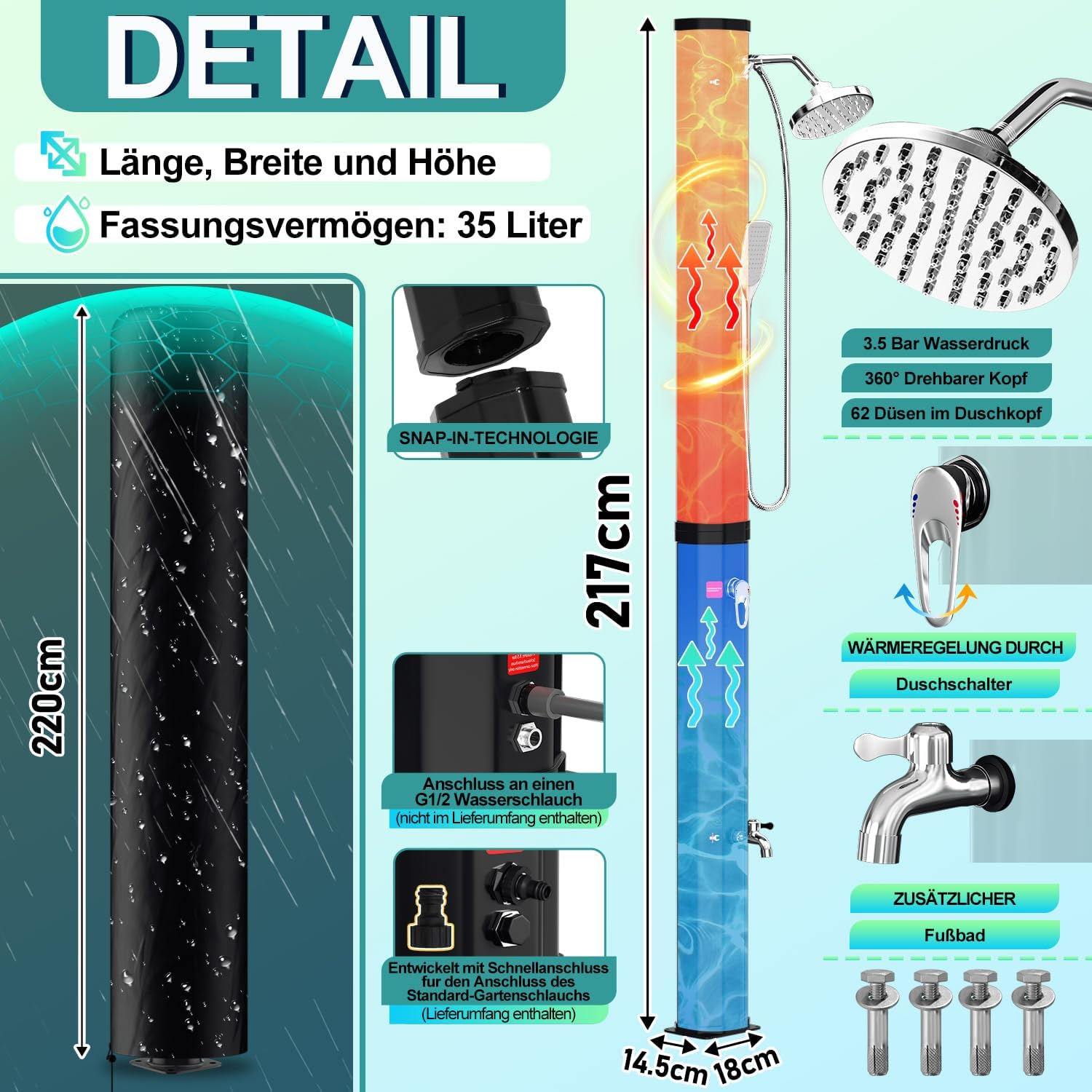 Thumbnail 6 de Randaco Solardusche Solar Gartendusche 35L – Warmes Wasser bis 60°C, ohne Strom, 360° Regenduschkopf, Fußhahn, Schutzhülle Schwarz