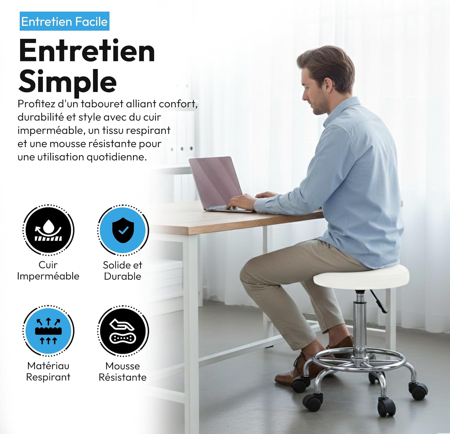 Thumbnail 4 de GOODS+GADGETS Ergonomie tabouret de travail enroulable pivotant, hauteur réglable (blanc)