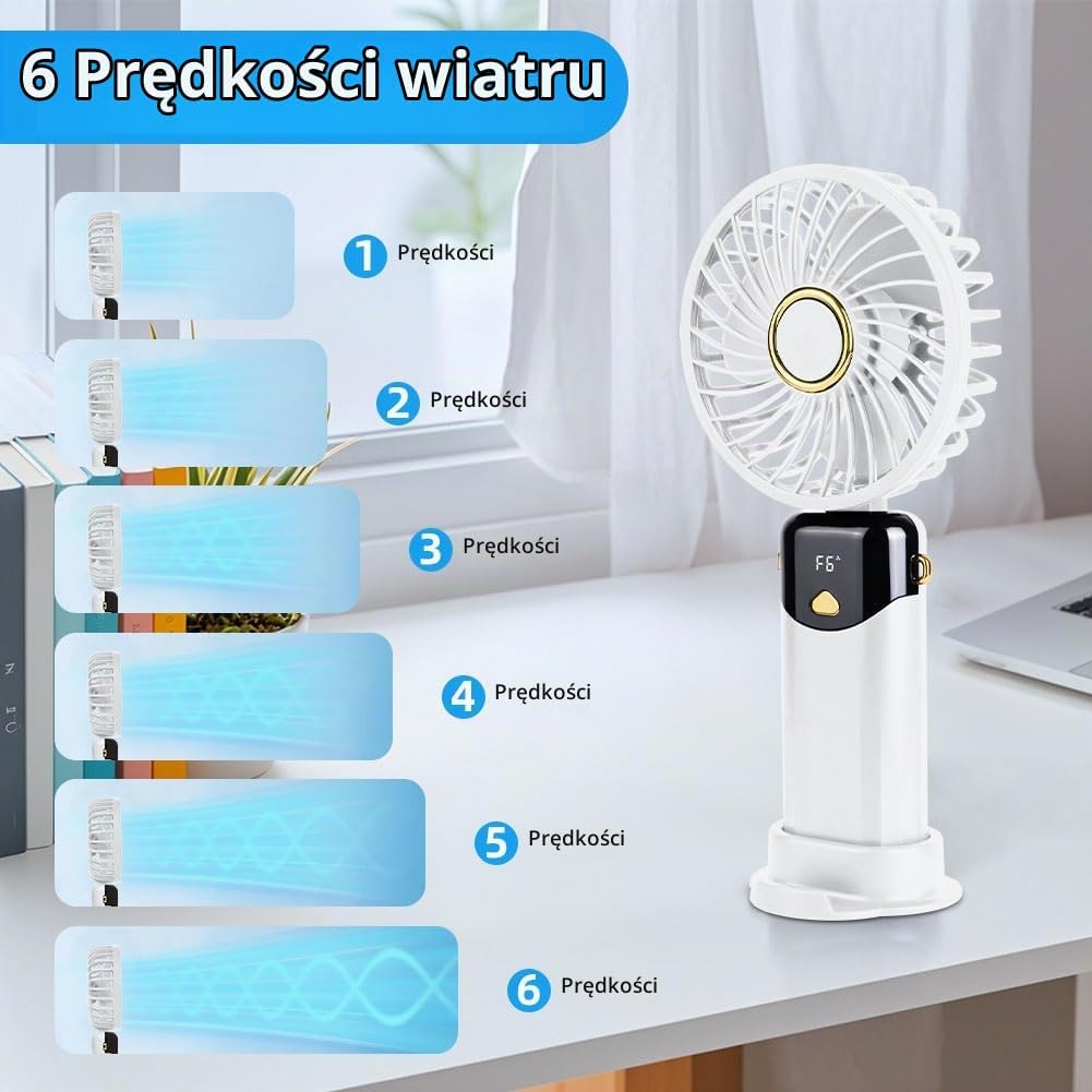 Detalle de AUAUY 5868220 – składany wentylator ręczny, 6 prędkości, wyświetlacz
