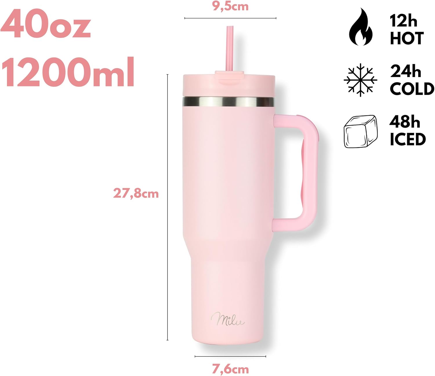 Detalle 2 de Milu Thermobecher 1,2L mit Strohhalm und Henkel – isolierter Edelstahl-Tumbler 40oz (Blossom Pink)