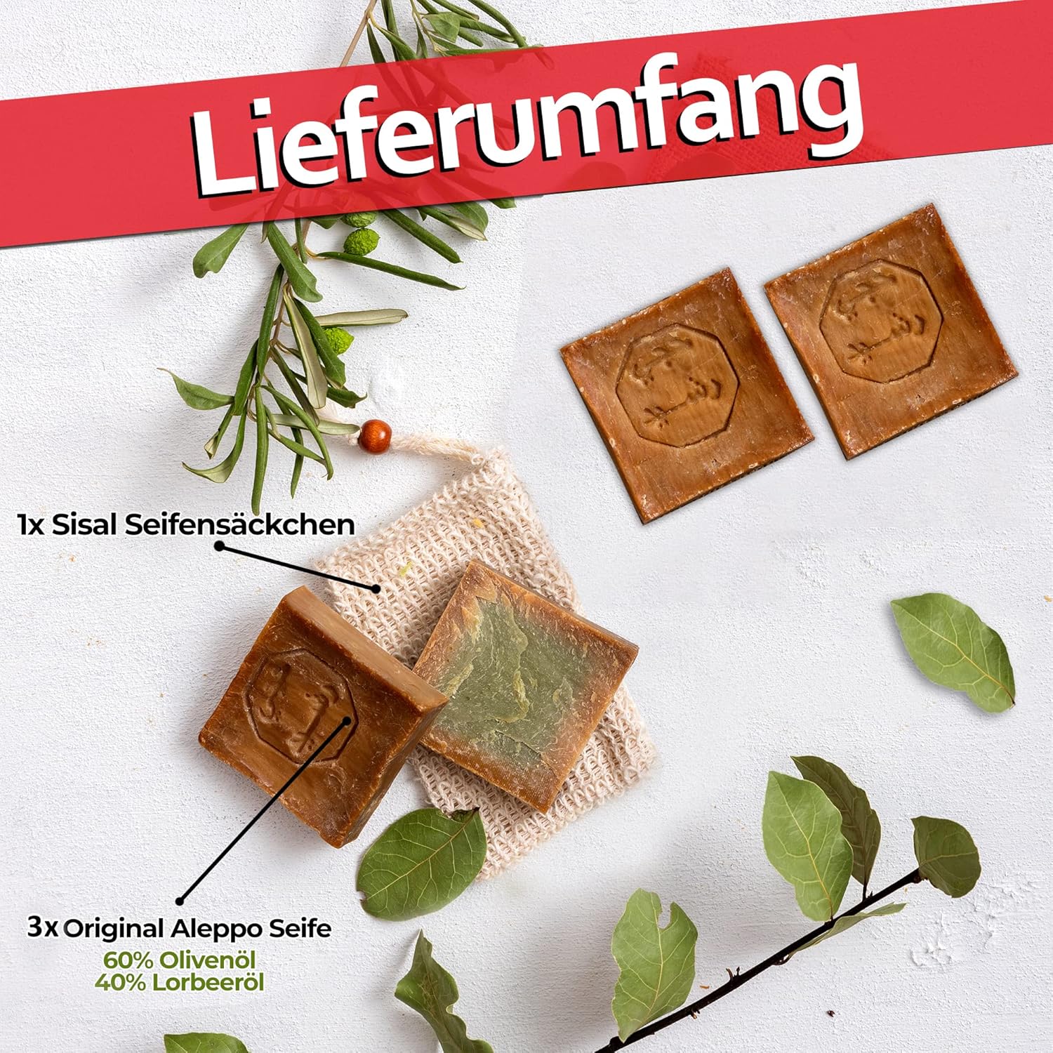 Detalle de Natura Germania Aleppo Seife Set 3x je ca. 200 g – natürliche Kernseife, frei von Chemie