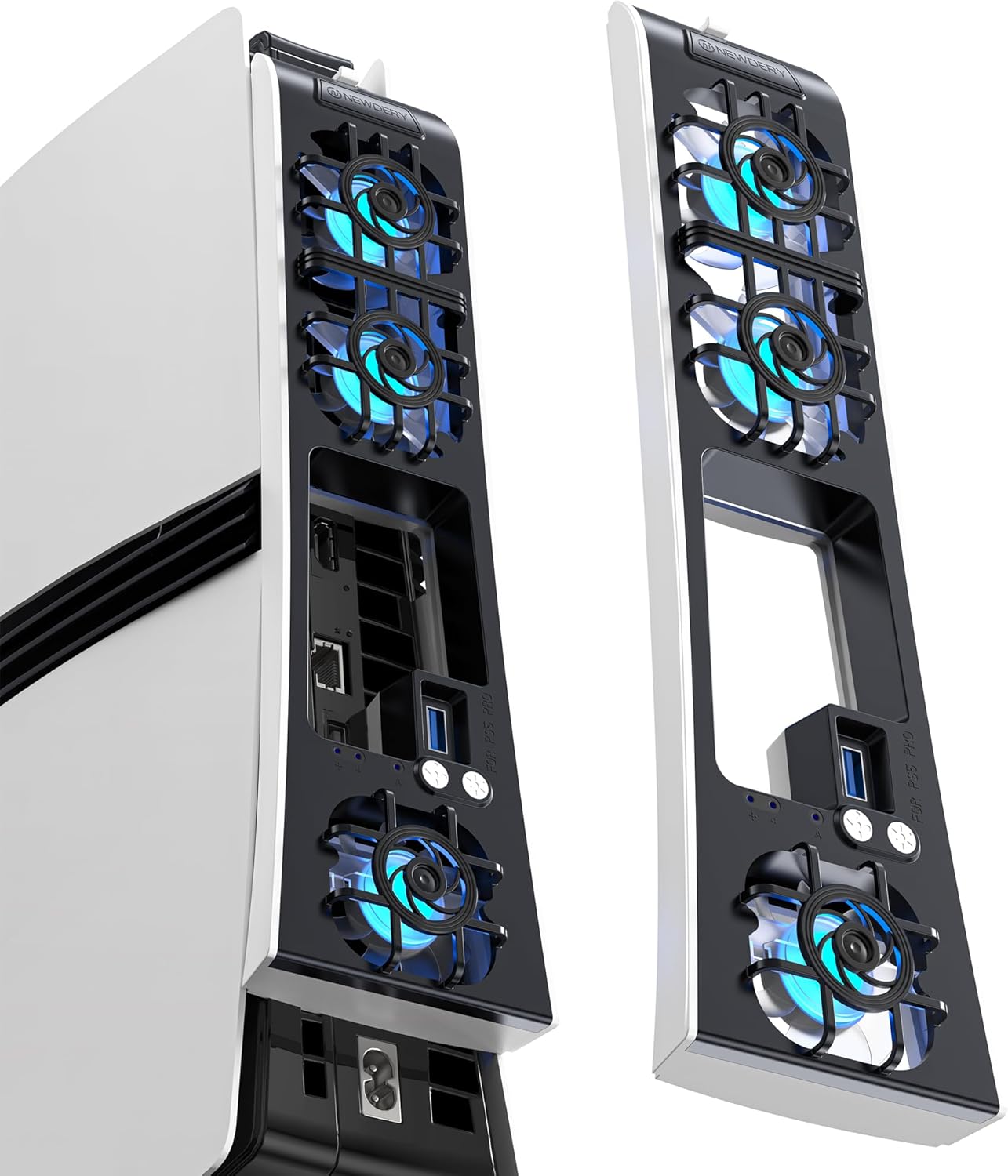 Detalle de NEWDERY Lüfter für PS5 Pro Konsole – Leiser Kühler mit automatischer Drehzahlregelung, RGB-Beleuchtung und USB 3.0 Passthrough