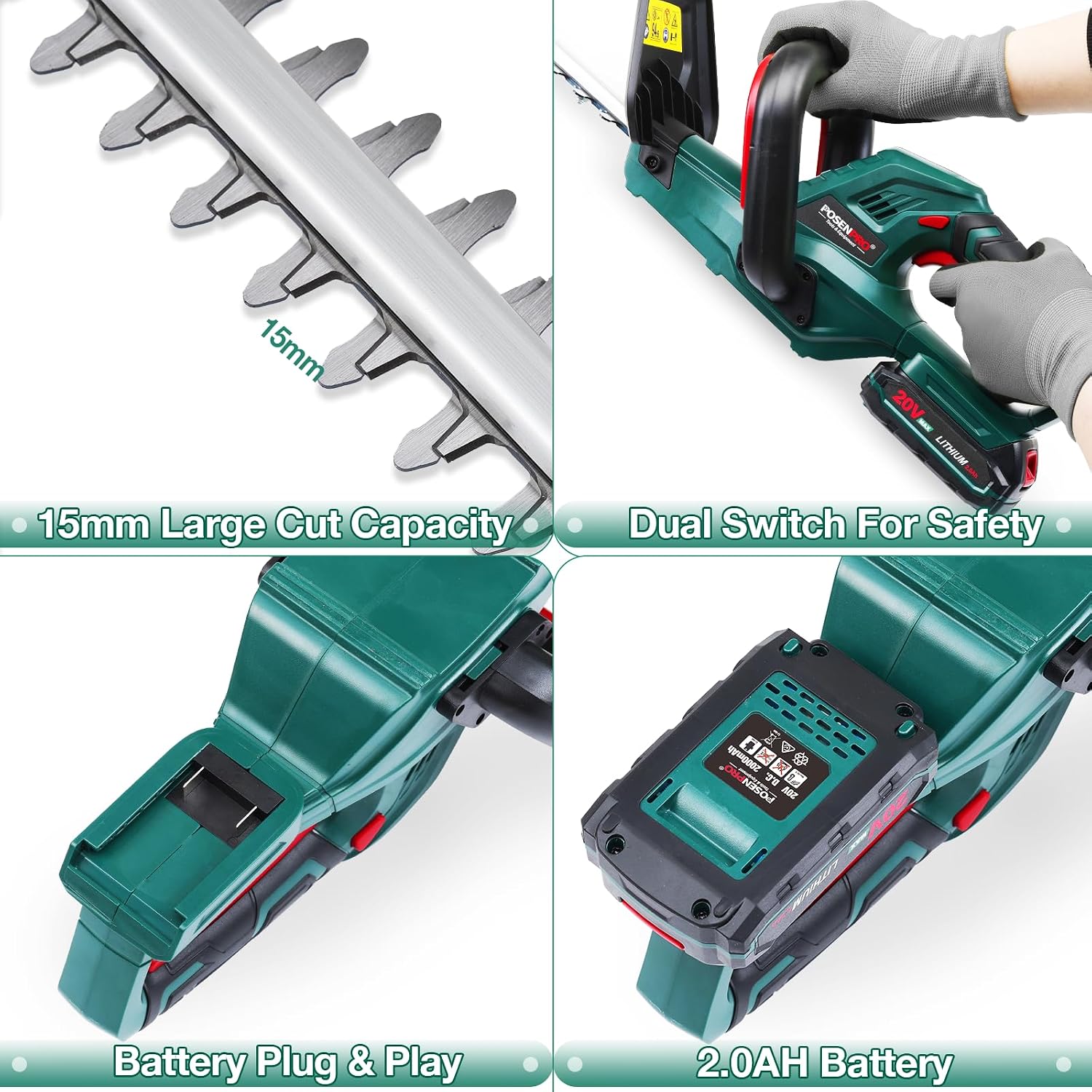 Detalle de POSENPRO 20V Cordless Hedge Trimmer — Lightweight, Dual-Action 520mm Blade with 2.0Ah Battery