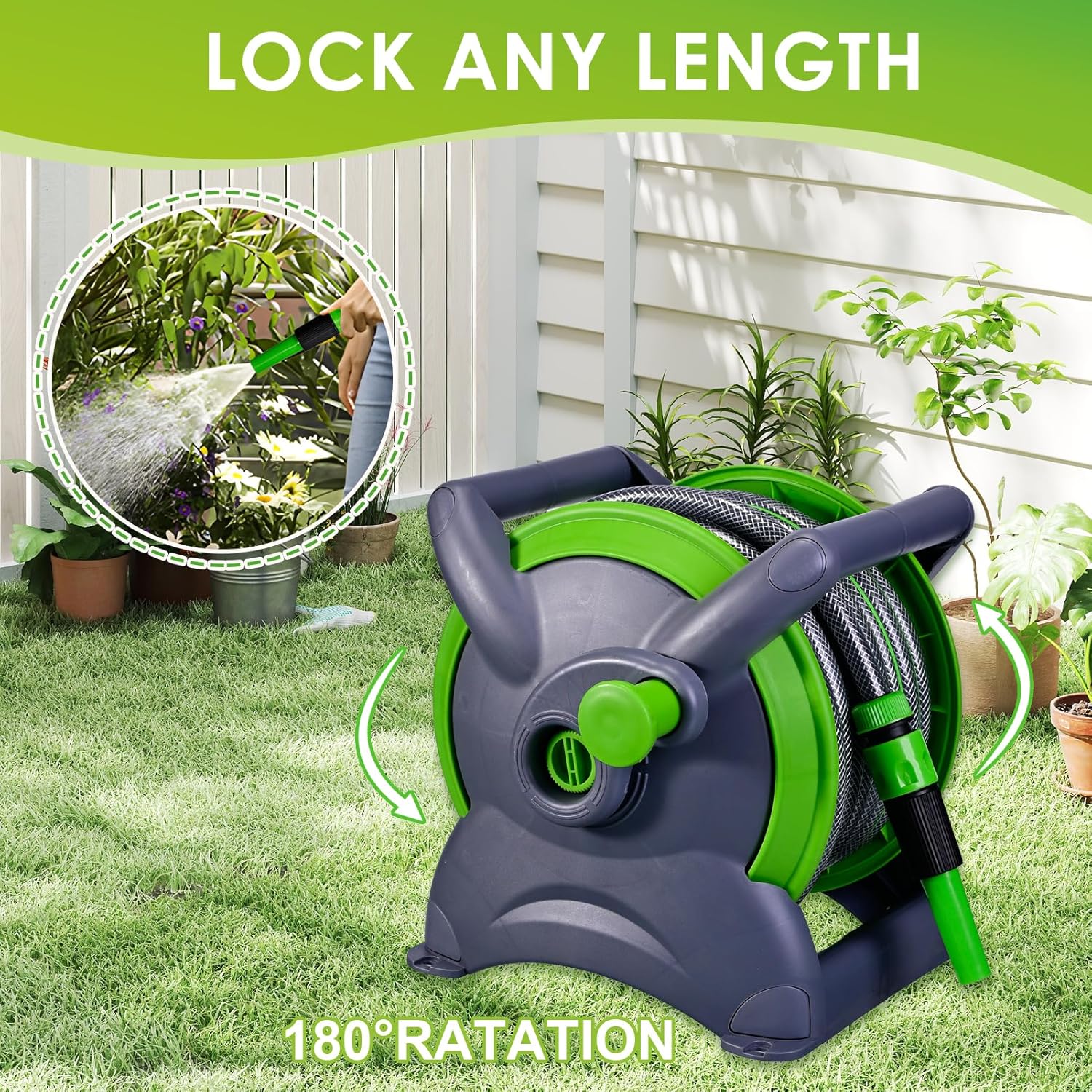 Detalle 2 de Garden Hose Reel 20M (Ø 15 mm): Flexible Rewindable System with 7-Function Nozzle, Wall Mount or Free Standing
