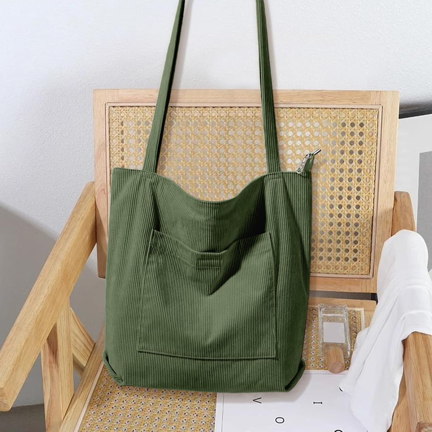 Detalle de Flintronic corduroy tote bag for women – large capacity waterproof shoulder bag with zip