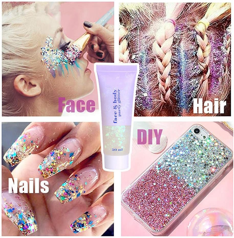 Detalle de Go Ho Clear White Face & Body Glitter Gel (Holographic Chunky Sequins) for Party, Rave, and Halloween Makeup