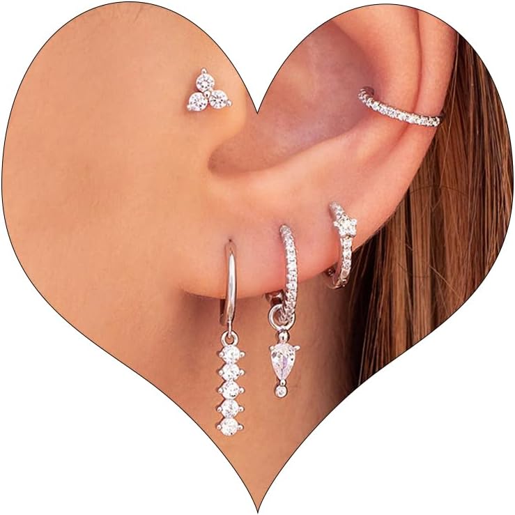 Detalle de Boucles d'oreilles Argent pour Femme – Ensemble Creoles petites et Zirconium Cubique, plaqué or 14K, hypoallergéniques