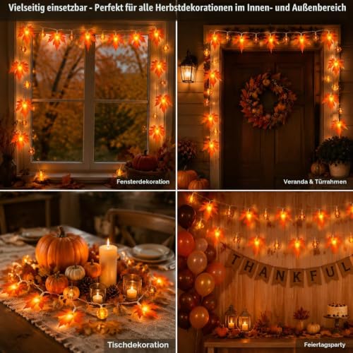 Detalle de LakiHomi Herbst Dekoration | 3 m LED-Lichterkette mit Ahornblättern und Kürbisperlen (20 LEDs, Timer)