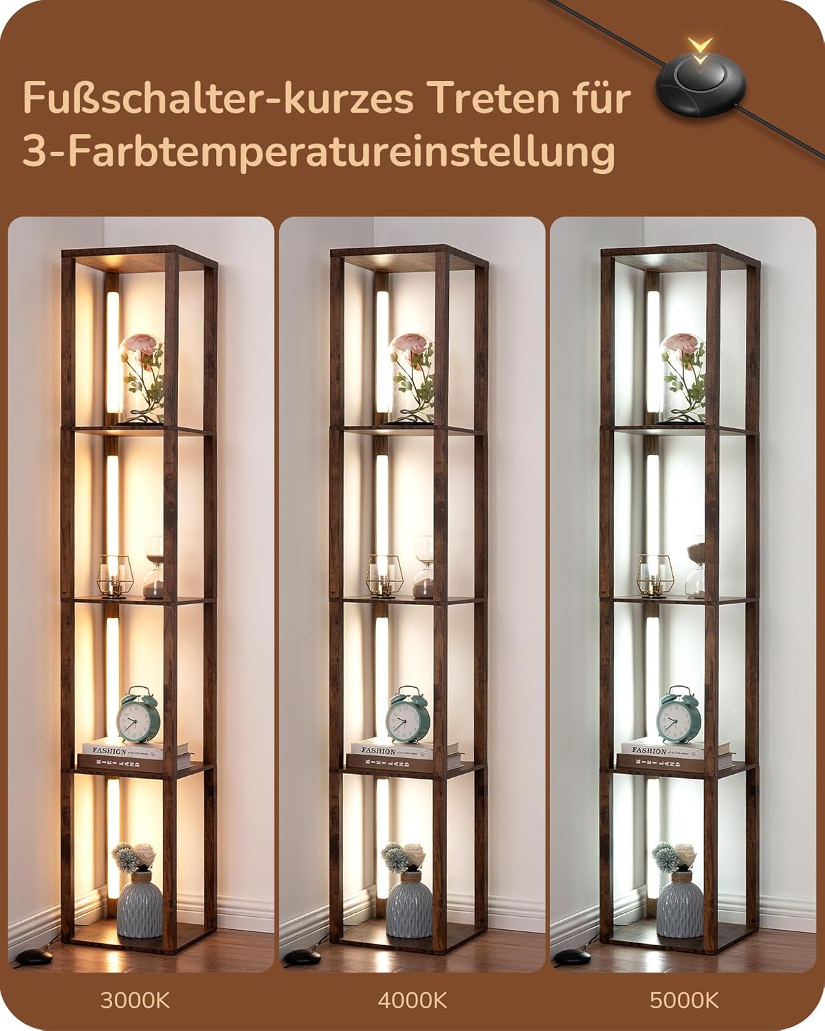Thumbnail 2 de EDISHINE Stehlampe mit Regal – Dimmbare Beleuchtung und 4 Ablagen, 360° LED-Lichtstangen, 163 cm