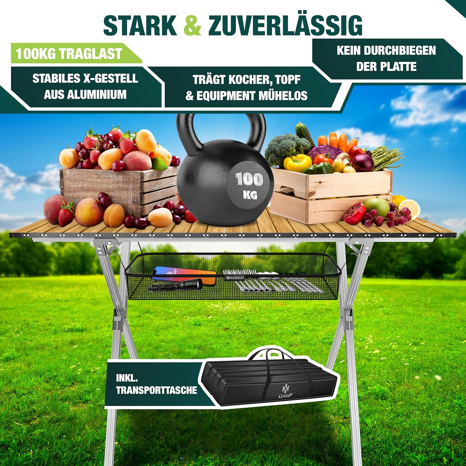Detalle de KESSER® faltbarer Campingtisch Klapptisch mit Aluminiumrahmen, Holz-Optik, 145 × 70 cm (bis 100 kg) inkl. Tragetasche