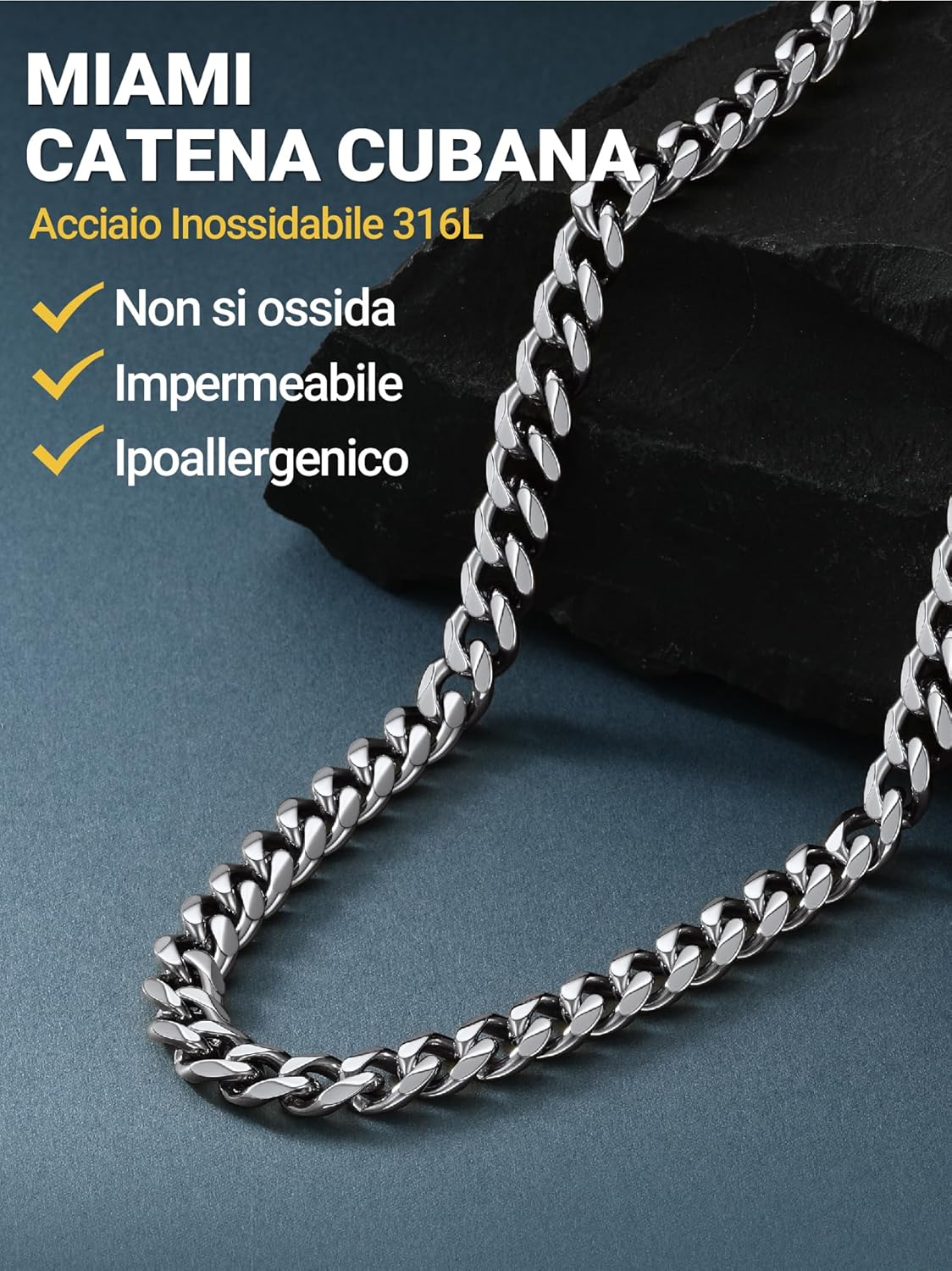 Thumbnail 5 de PROSTEEL Collana argento uomo catena cubana Miami in acciaio inox 316L (6/9/12 mm) 45-75 cm