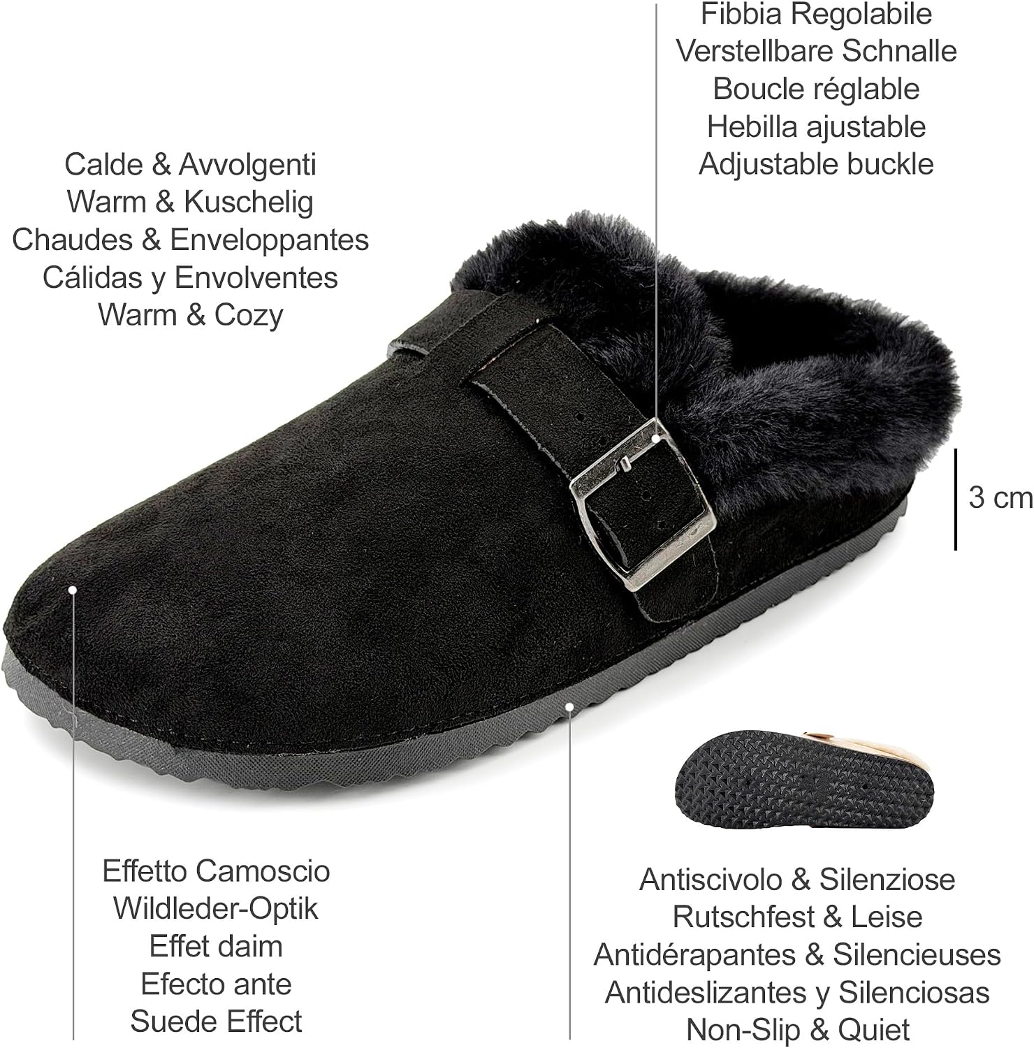 Detalle de JOMIX gevoerde winterpantoffels voor dames met suède-look en verstelbare gesp