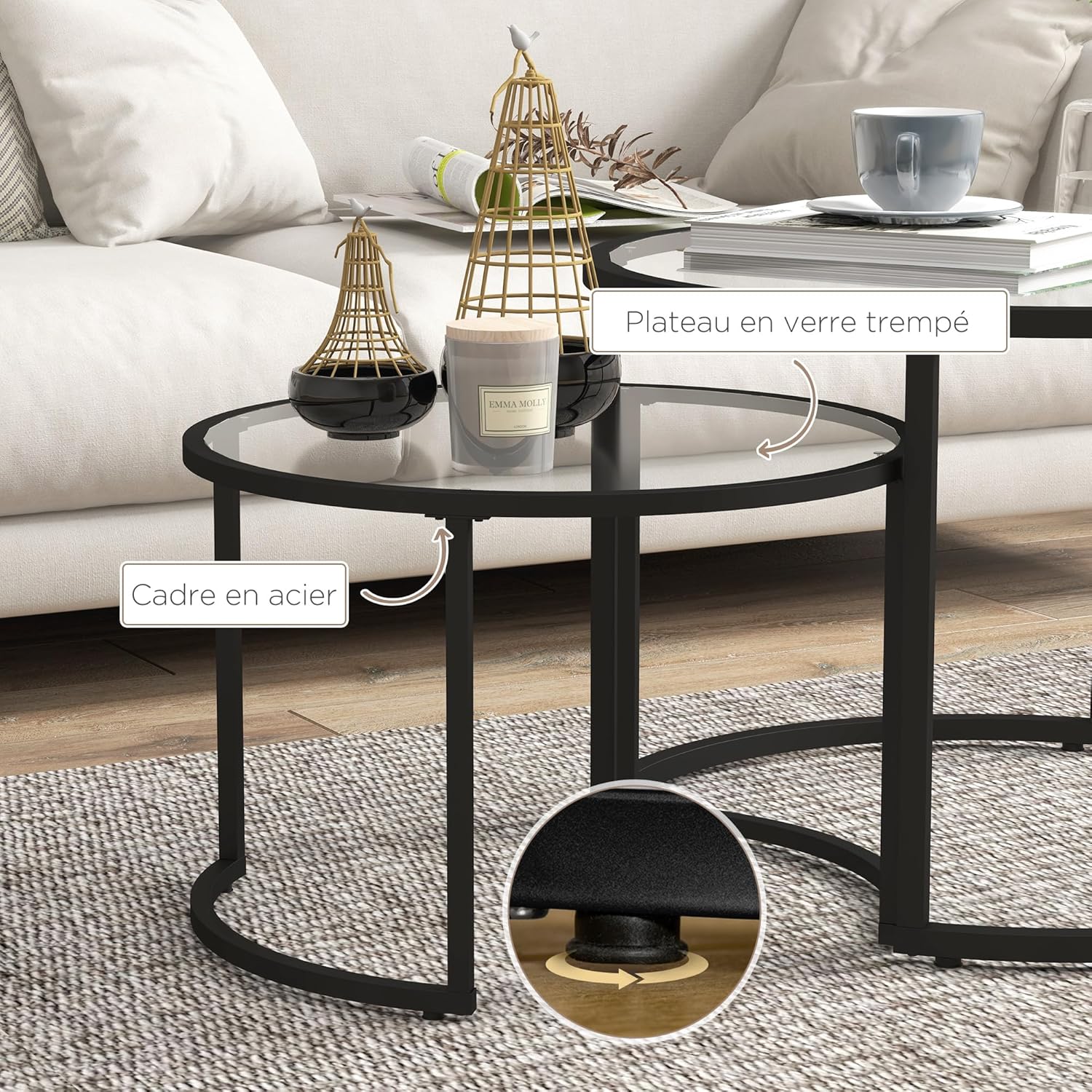Thumbnail 5 de HOMCOM Lot de 2 Tables Basses gigognes rondes 70/54 cm — Plateau verre trempé et pied en acier au carbone noir