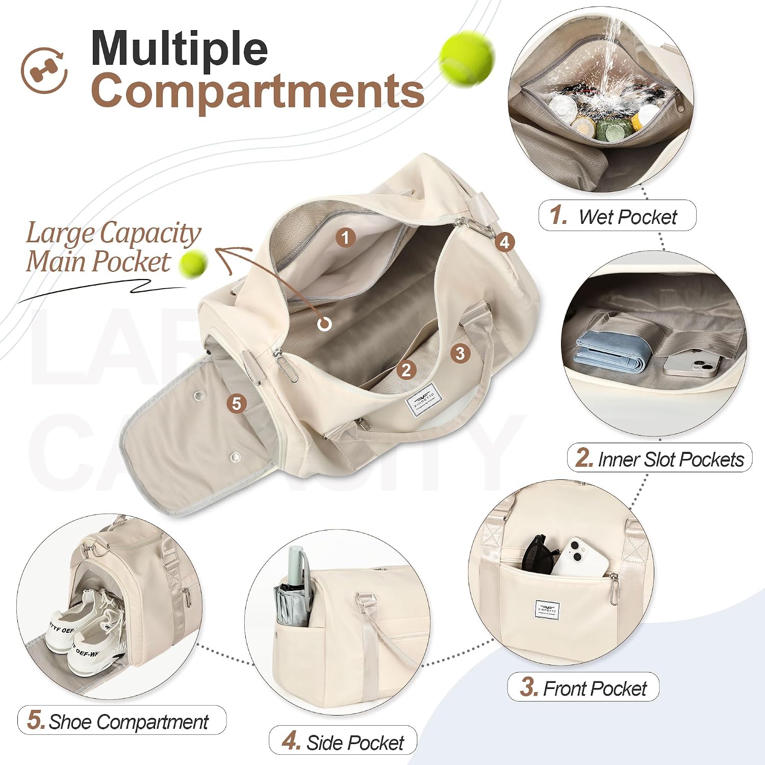 Detalle 2 de FIORETTO Womens Gym Sports Bag with Shoe Compartment