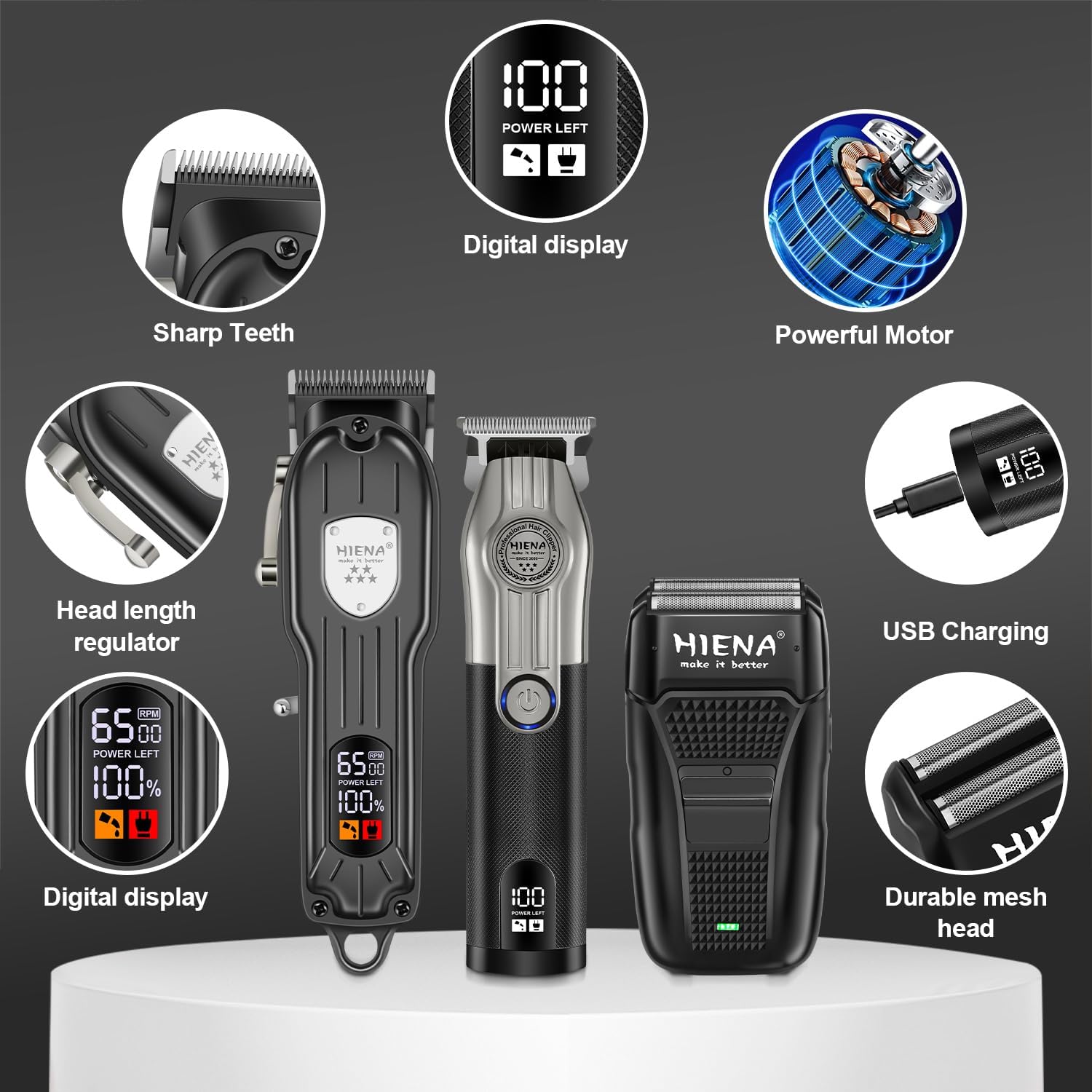 Detalle 2 de HIENA PRO Professional Cordless Hair Clippers & Beard Trimmer Set with Foil Shaver (Home Hair Cutting Kit)