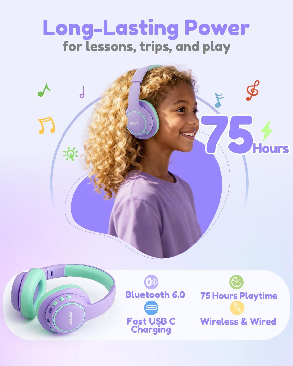 Thumbnail 4 de Acer Kids OHR702 Bluetooth Over-Ear Headphones for Kids (Mic, 75H Playtime, 85dBA Safe Volume) - Purple/Green